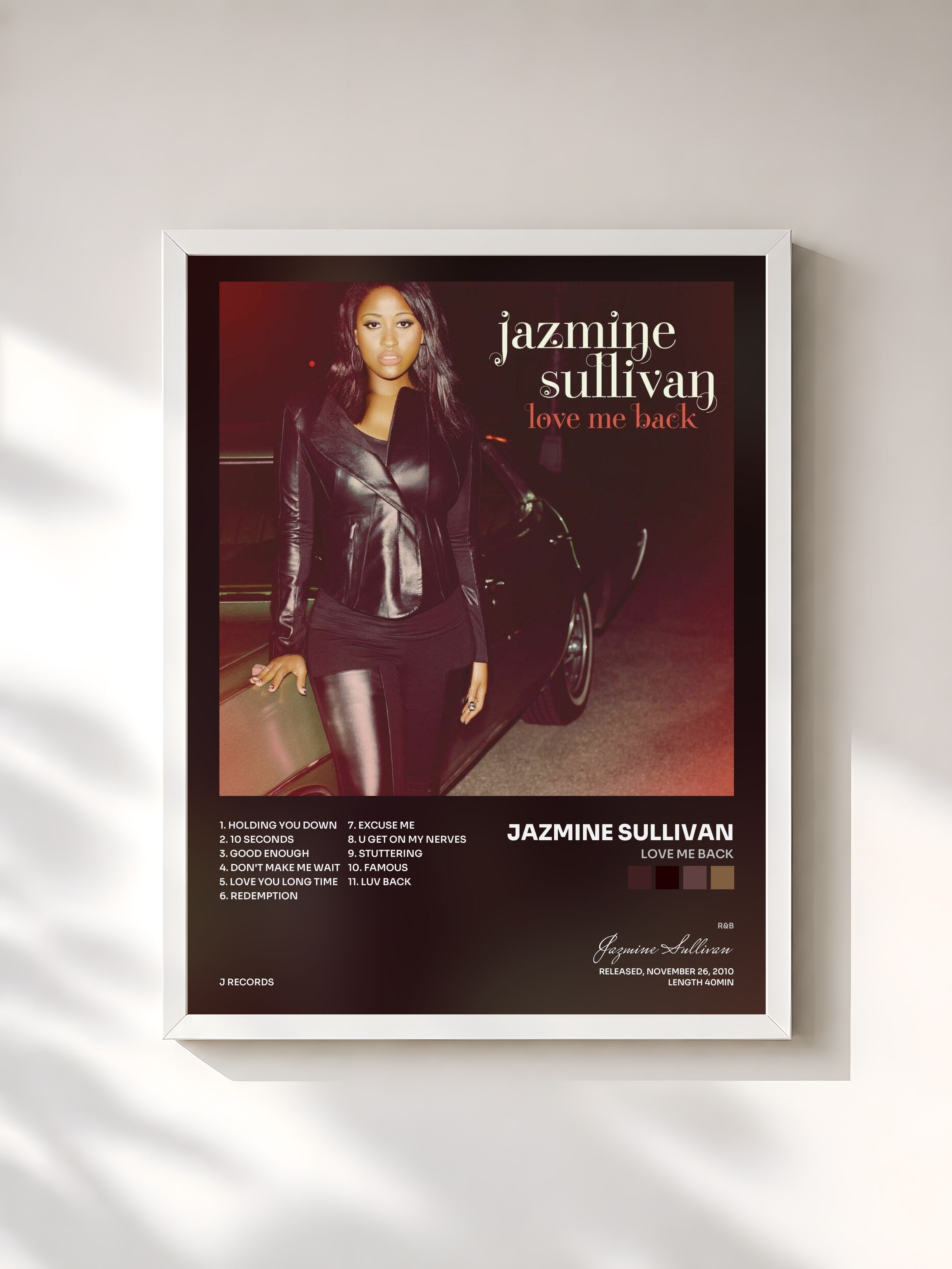 #blanc Tableau de l'album Love Me Back de Jazmine Sullivan, cadre blanc, imprimé et encadré en France