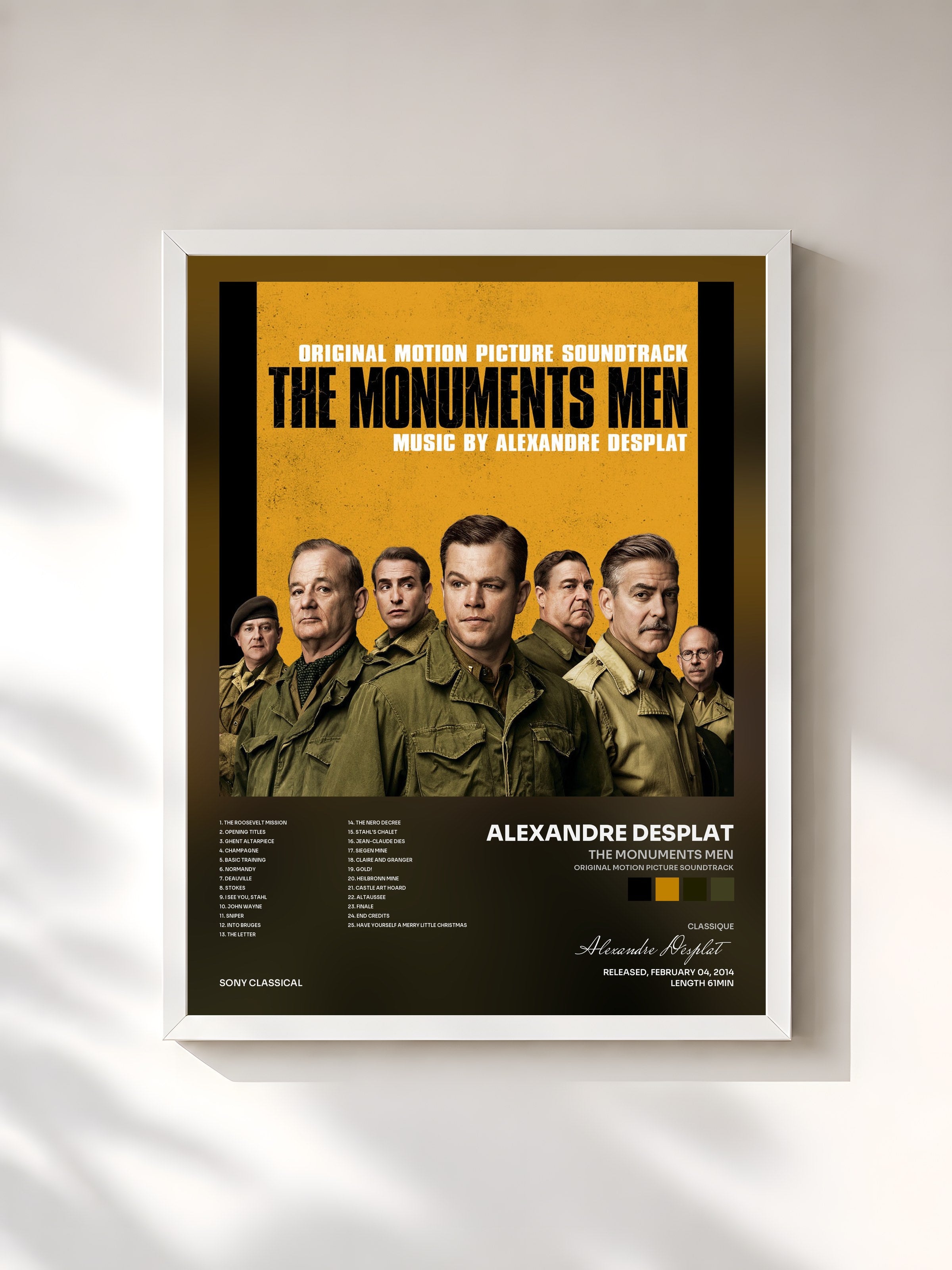 #blanc Tableau de l'album The Monuments Men (Original Motion Picture Soundtrack) de Alexandre Desplat, cadre blanc, imprimé et encadré en France