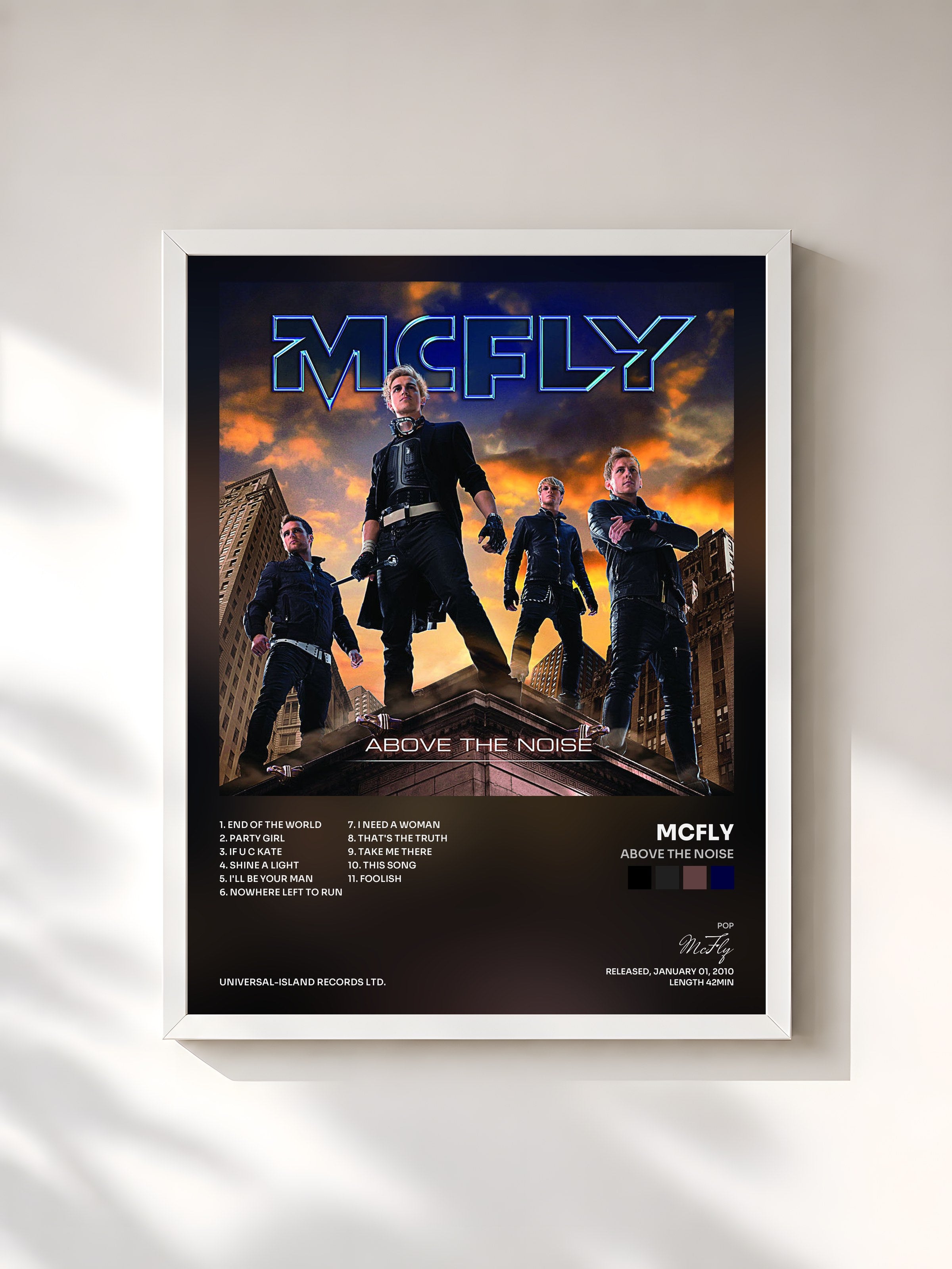 #blanc Tableau de l'album Above The Noise de McFly, cadre blanc, imprimé et encadré en France