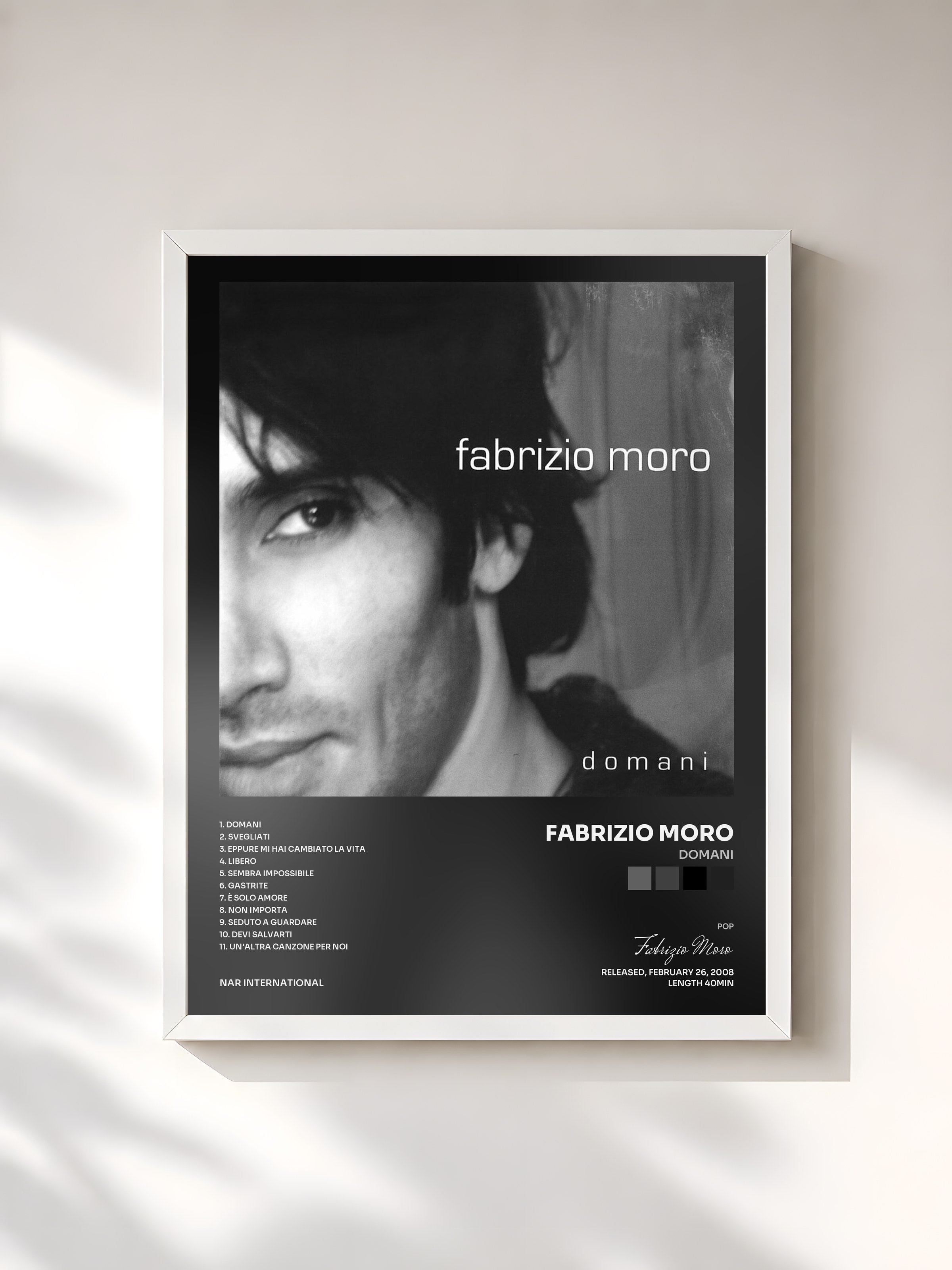 #blanc Tableau de l'album Domani de Fabrizio Moro, cadre blanc, imprimé et encadré en France