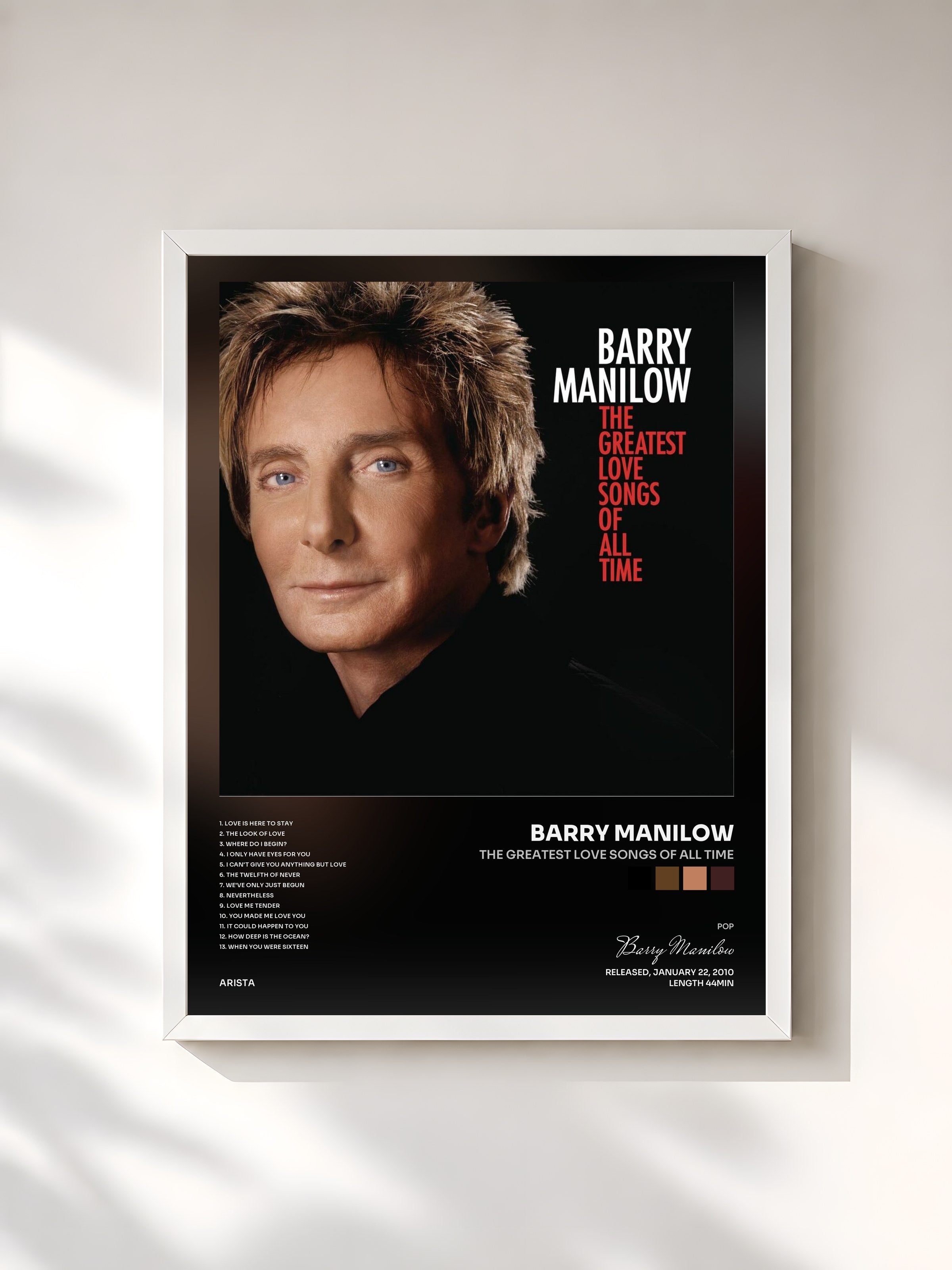 #blanc Tableau de l'album The Greatest Love Songs Of All Time de Barry Manilow, cadre blanc, imprimé et encadré en France