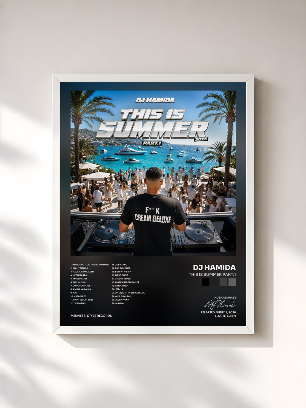 #blanc Tableau de l'album THIS IS SUMMER PART.1 de DJ Hamida, cadre blanc, imprimé et encadré en France
