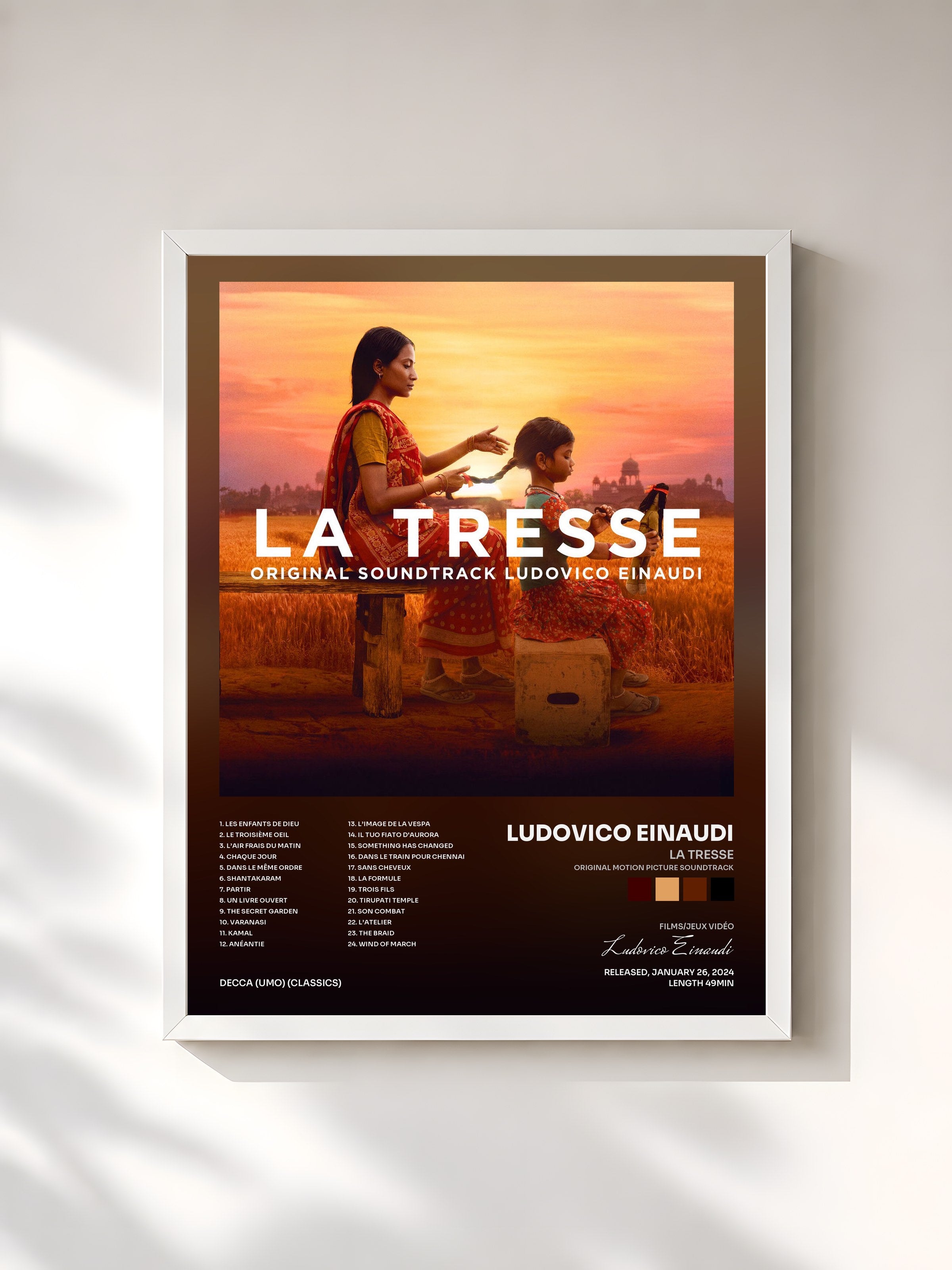 #blanc Tableau de l'album La Tresse (Original Motion Picture Soundtrack) de Ludovico Einaudi, cadre blanc, imprimé et encadré en France