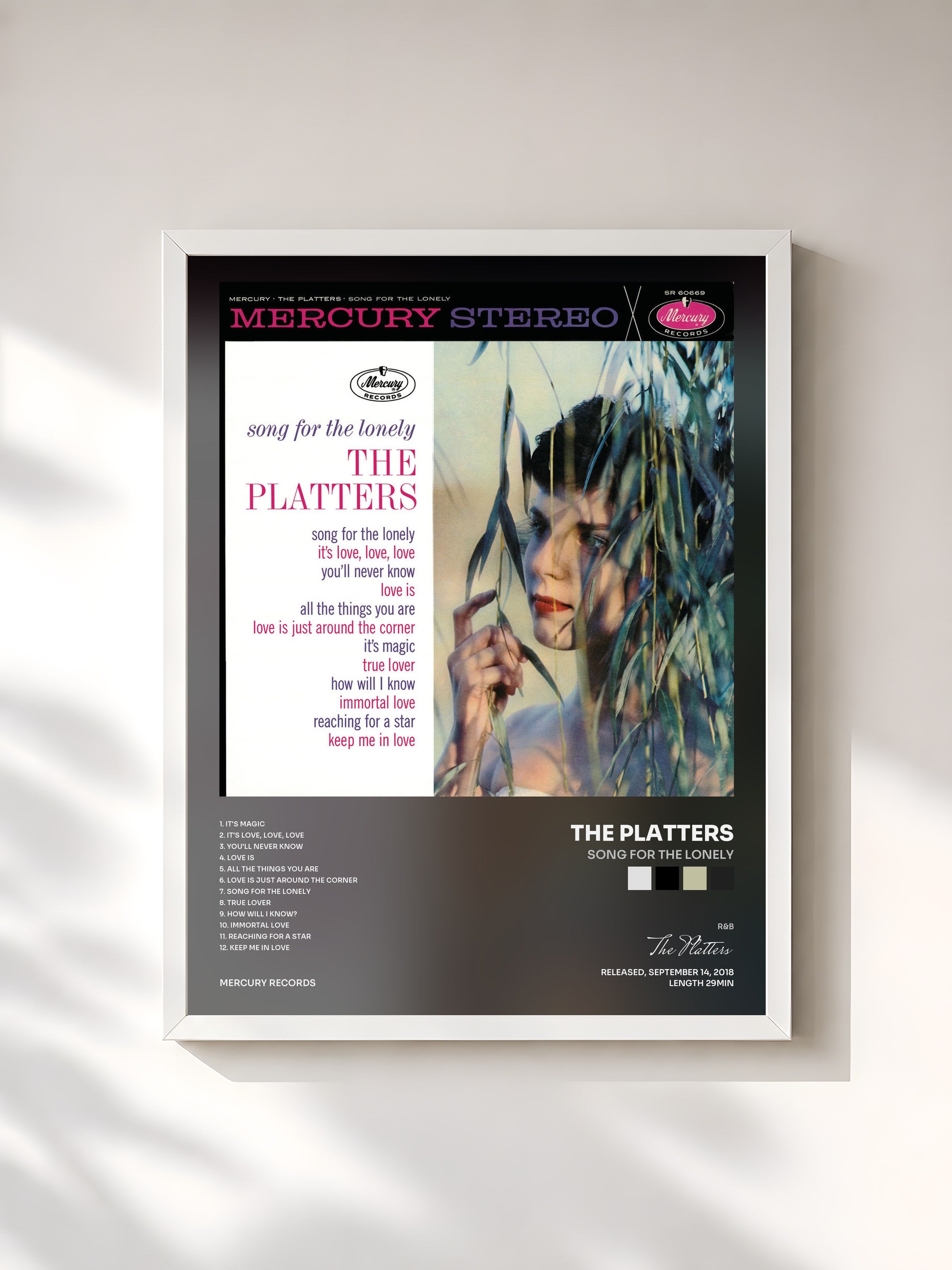 #blanc Tableau de l'album Song For The Lonely de The Platters, cadre blanc, imprimé et encadré en France