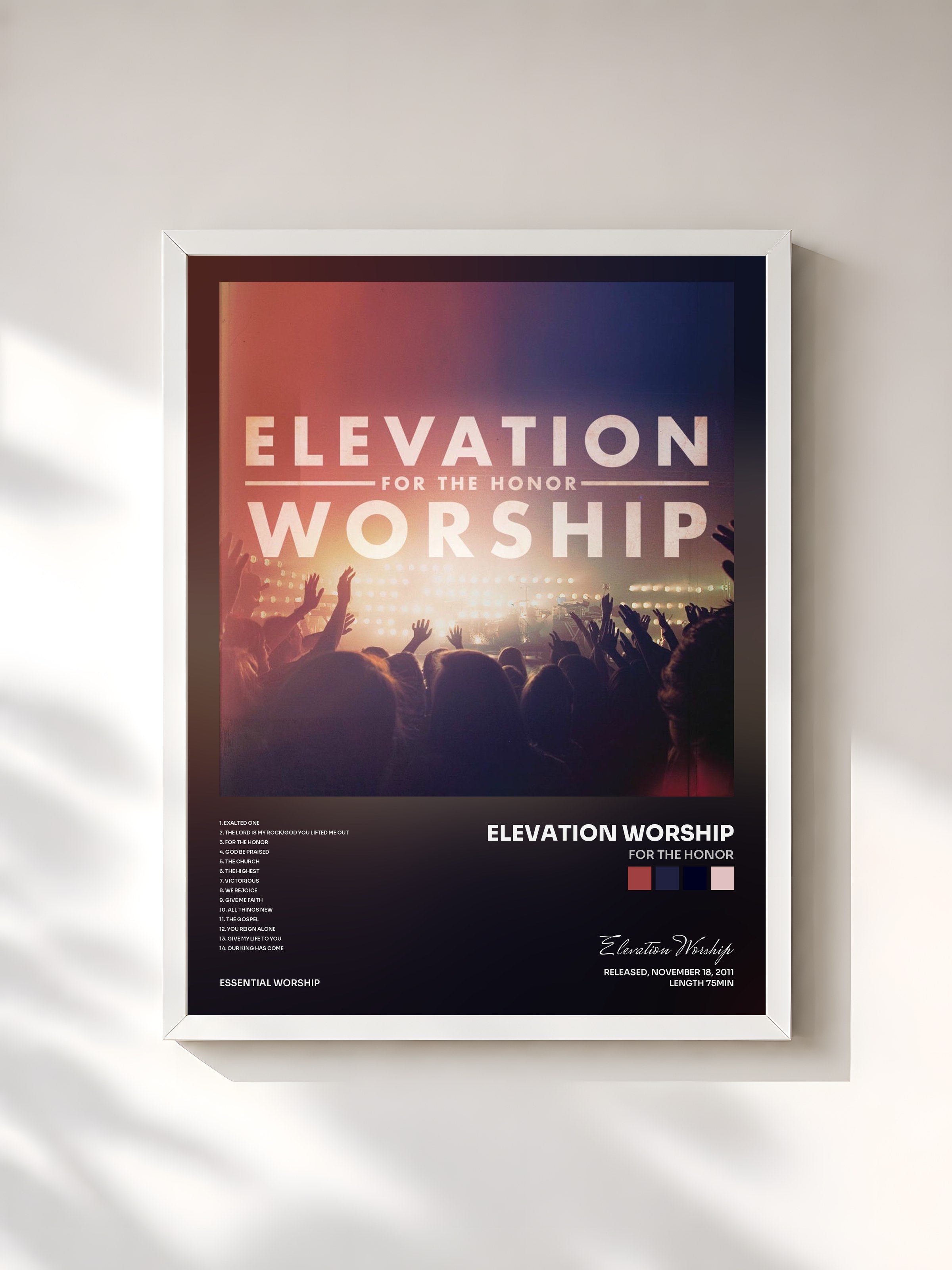#blanc Tableau de l'album For The Honor de Elevation Worship, cadre blanc, imprimé et encadré en France