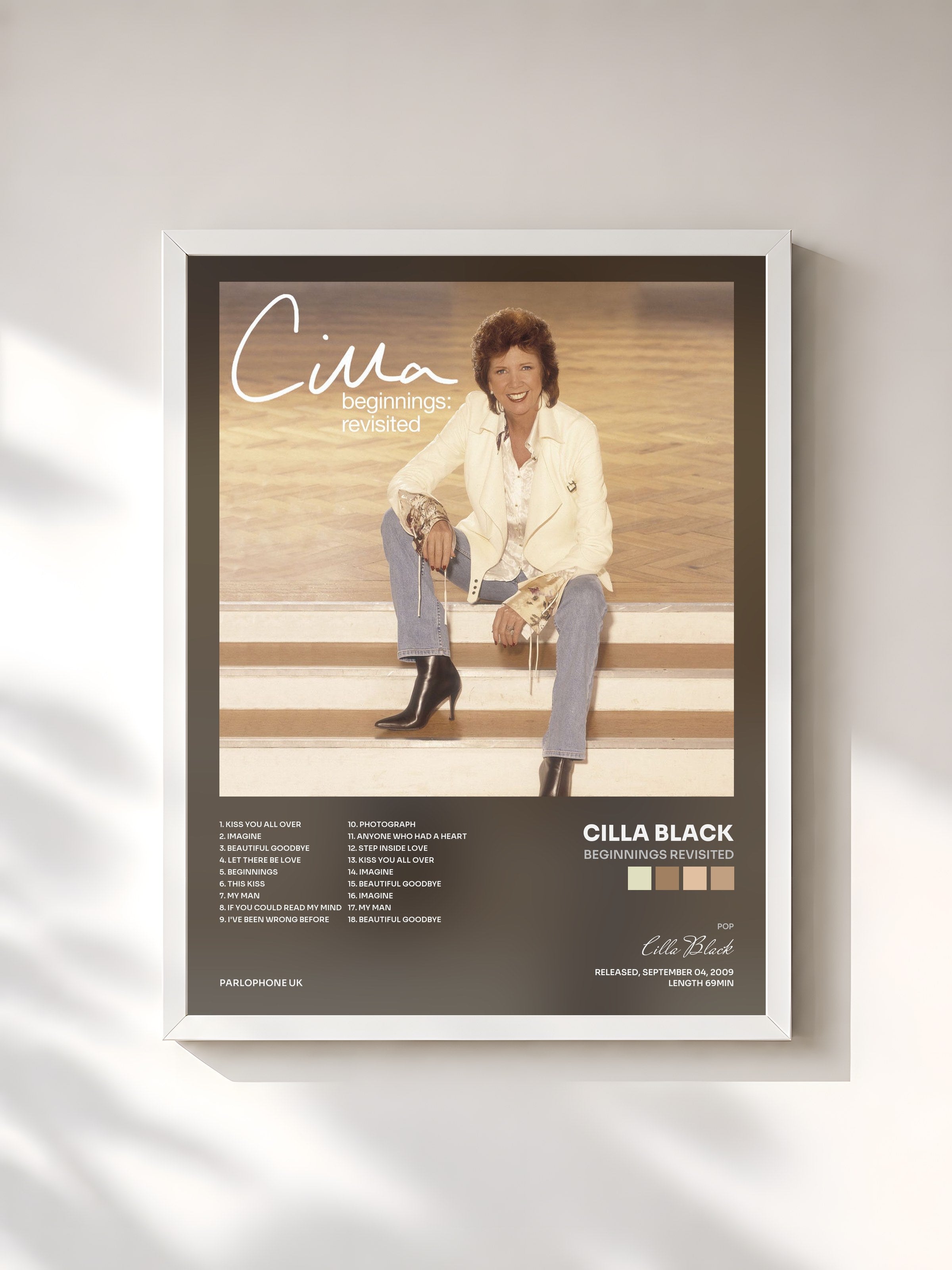 #blanc Tableau de l'album Beginnings Revisited de Cilla Black, cadre blanc, imprimé et encadré en France