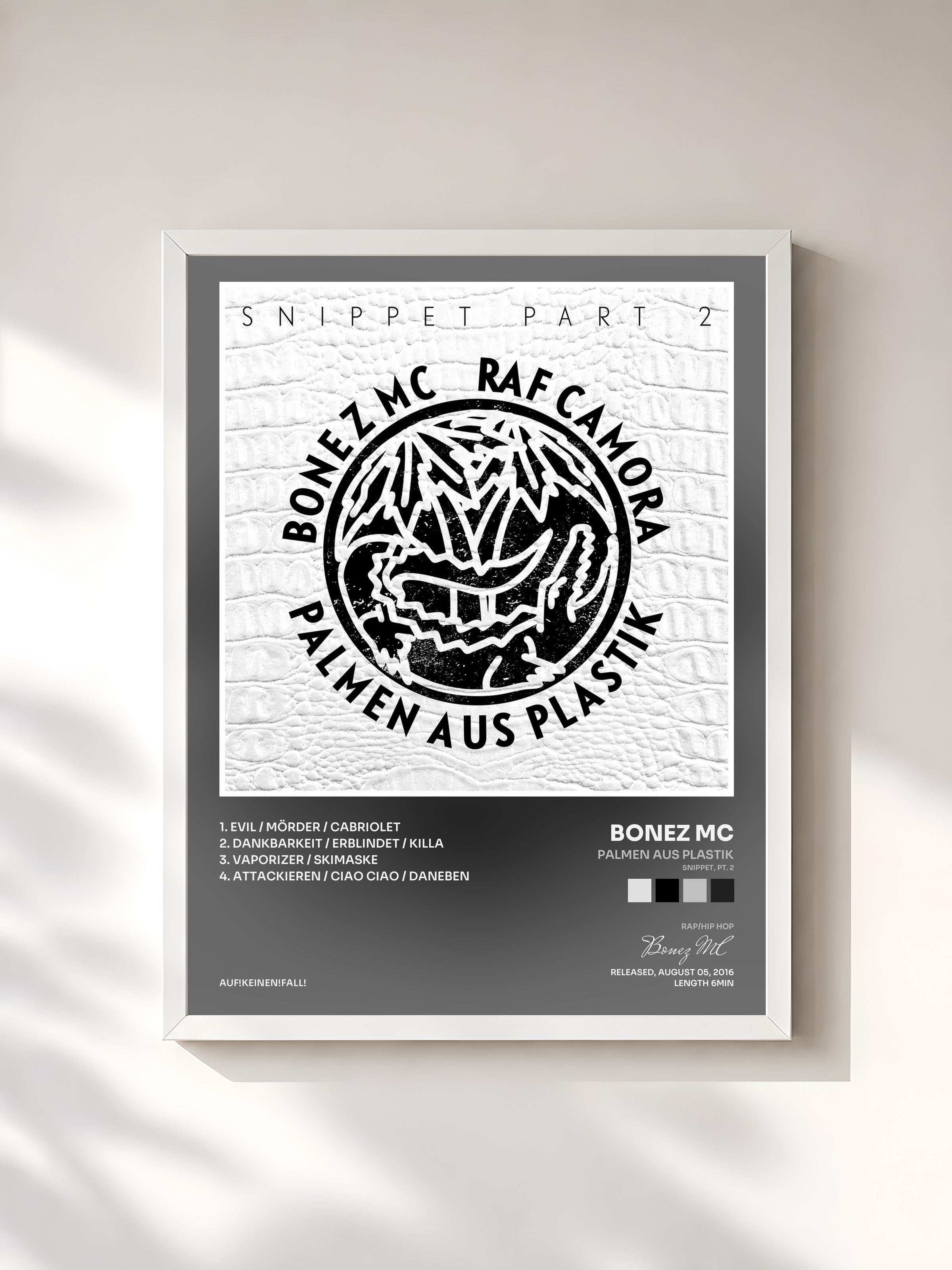 #blanc Tableau de l'album Palmen aus Plastik (Snippet, Pt. 2) de Bonez MC, cadre blanc, imprimé et encadré en France