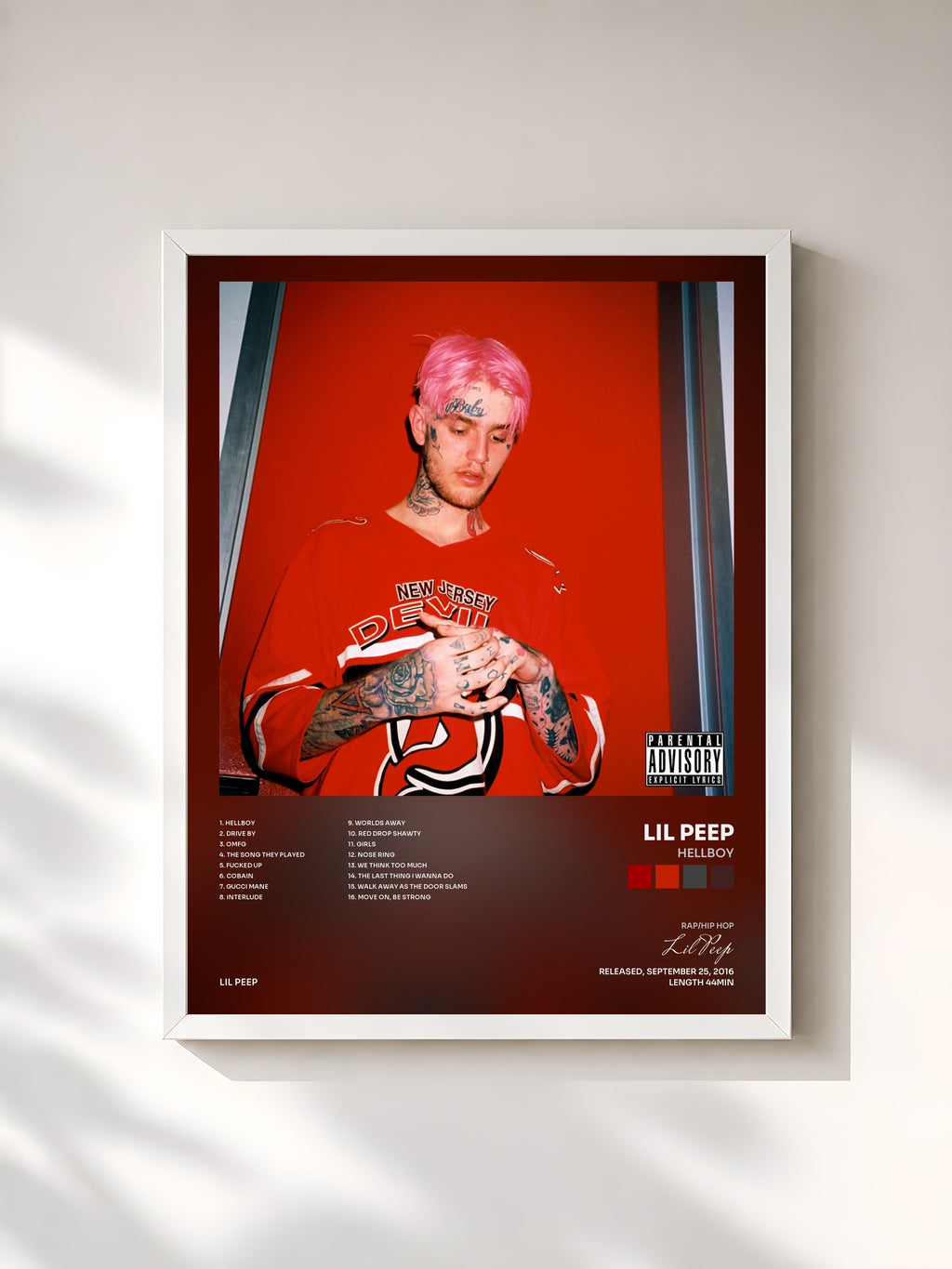 #blanc Tableau de l'album HELLBOY de Lil Peep, cadre blanc, imprimé et encadré en France