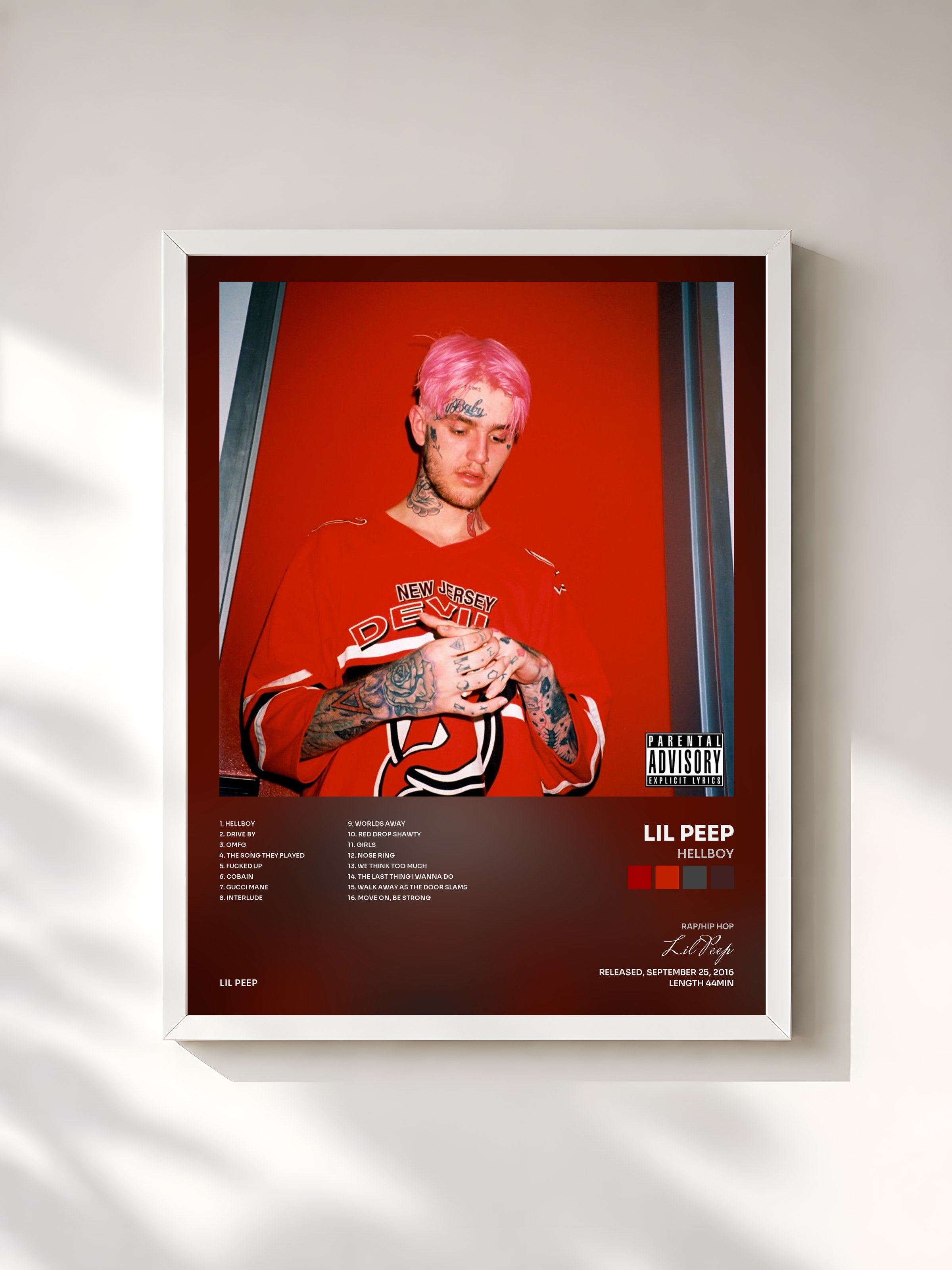 #blanc Tableau de l'album HELLBOY de Lil Peep, cadre blanc, imprimé et encadré en France