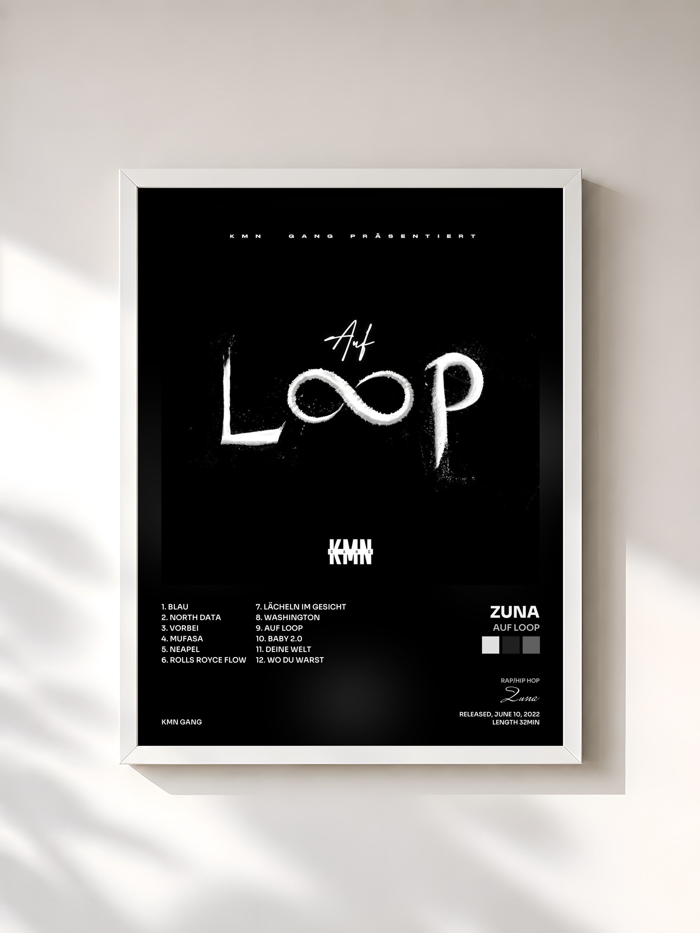 #blanc Tableau de l'album Auf Loop de Zuna, cadre blanc, imprimé et encadré en France