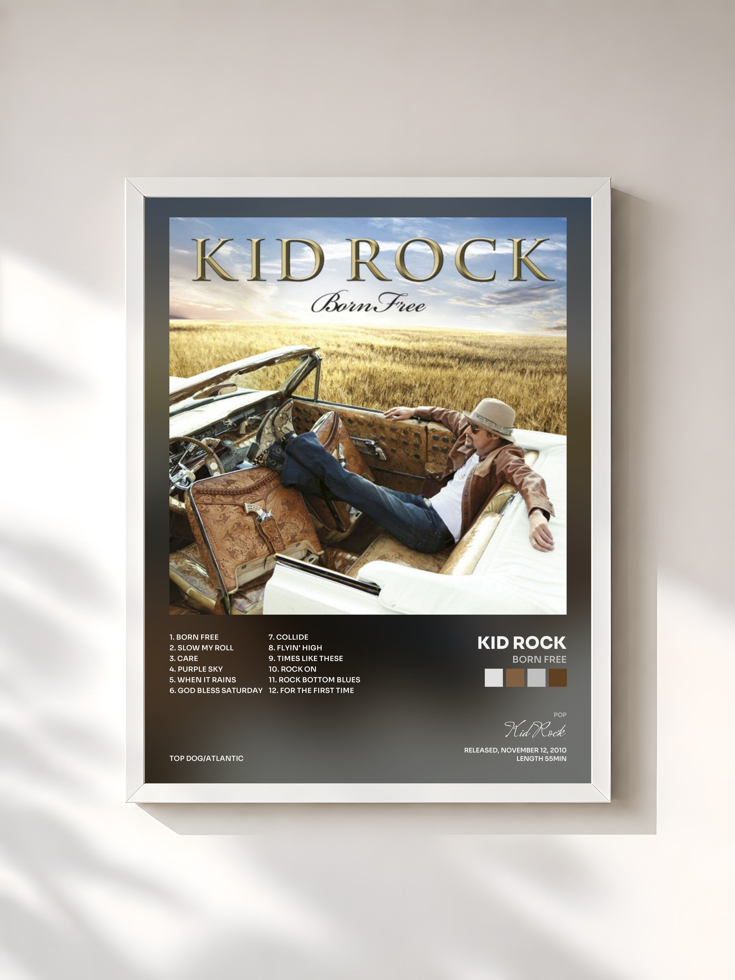 #blanc Tableau de l'album Born Free de Kid Rock, cadre blanc, imprimé et encadré en France
