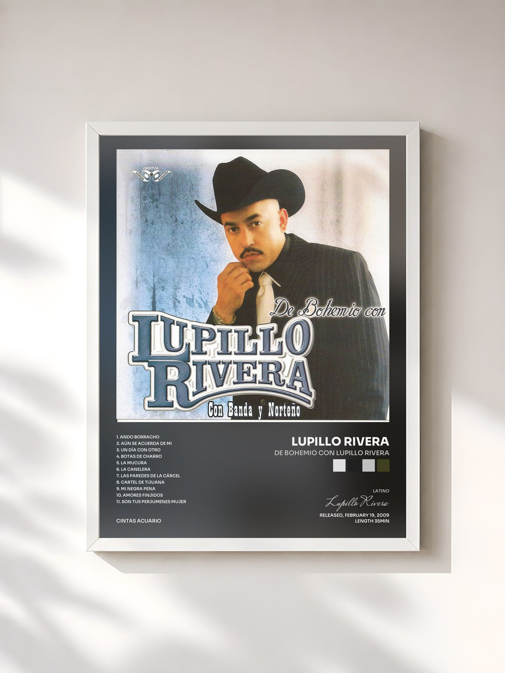 #blanc Tableau de l'album De Bohemio Con Lupillo Rivera de Lupillo Rivera, cadre blanc, imprimé et encadré en France