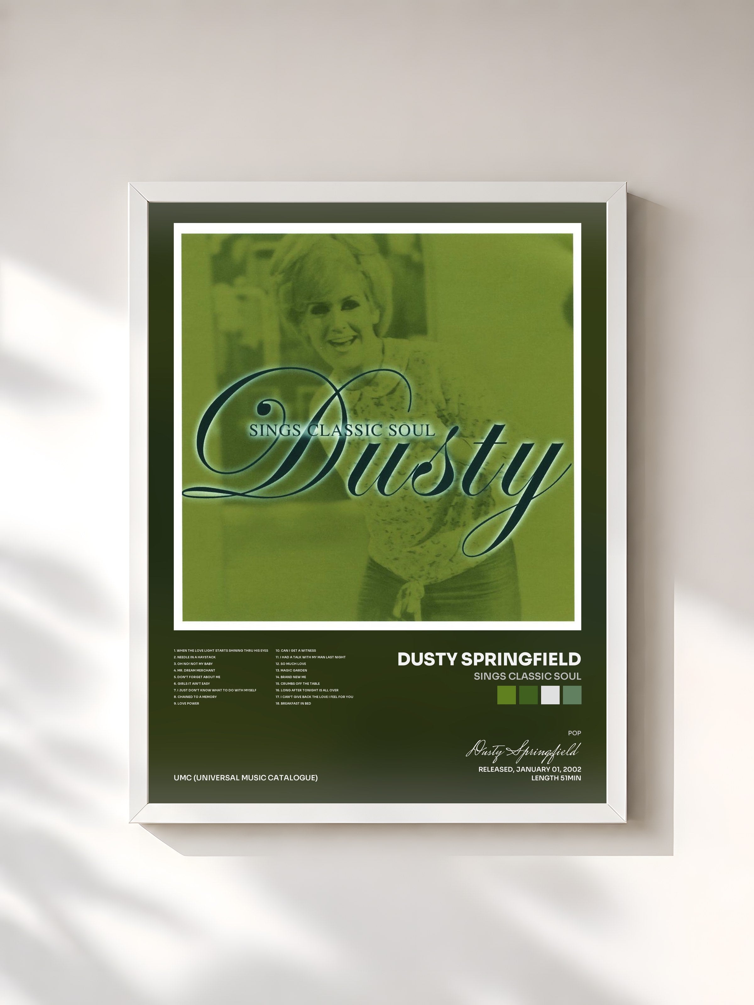 #blanc Tableau de l'album Sings Classic Soul de Dusty Springfield, cadre blanc, imprimé et encadré en France