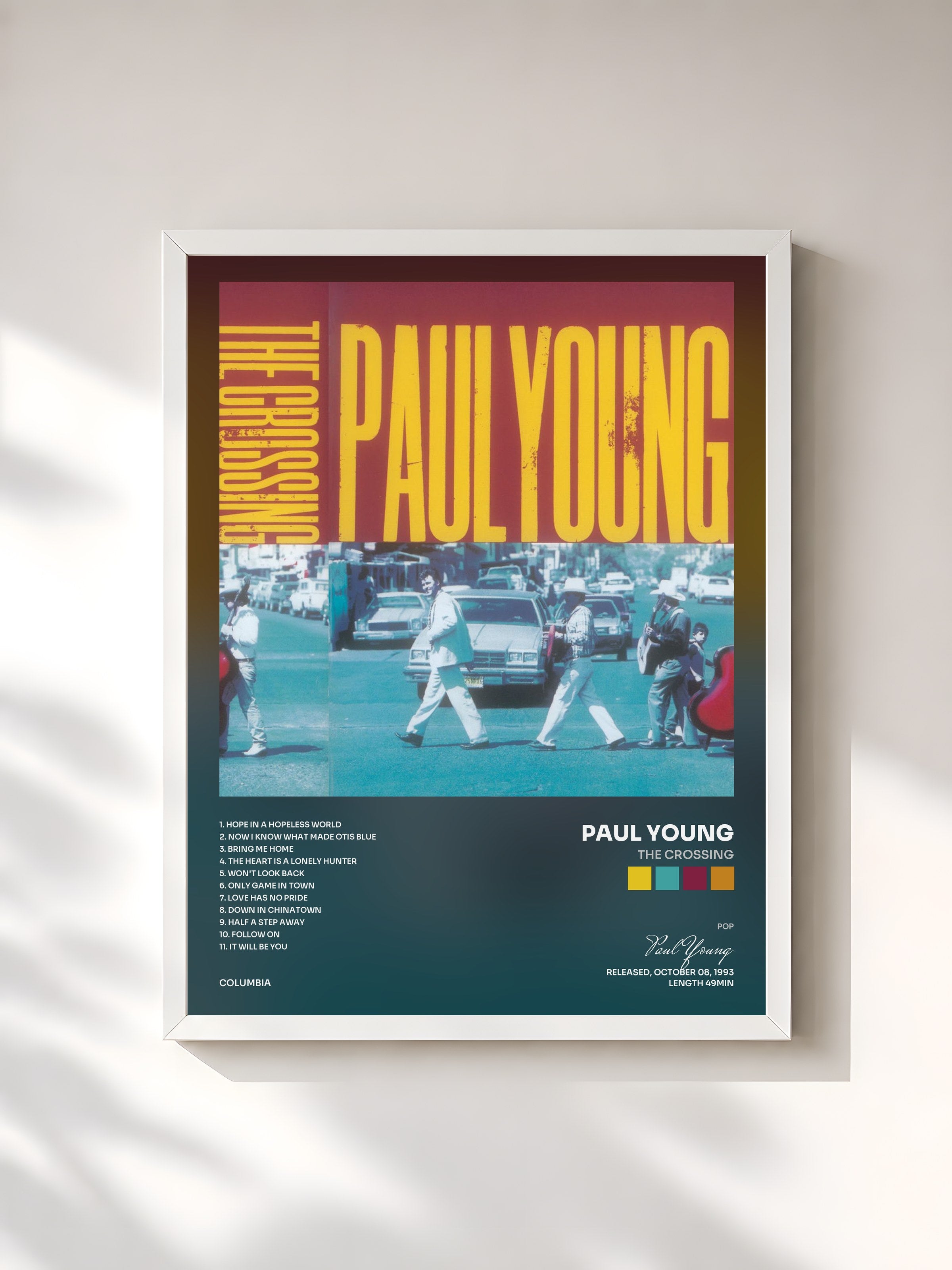 #blanc Tableau de l'album THE CROSSING de Paul Young, cadre blanc, imprimé et encadré en France
