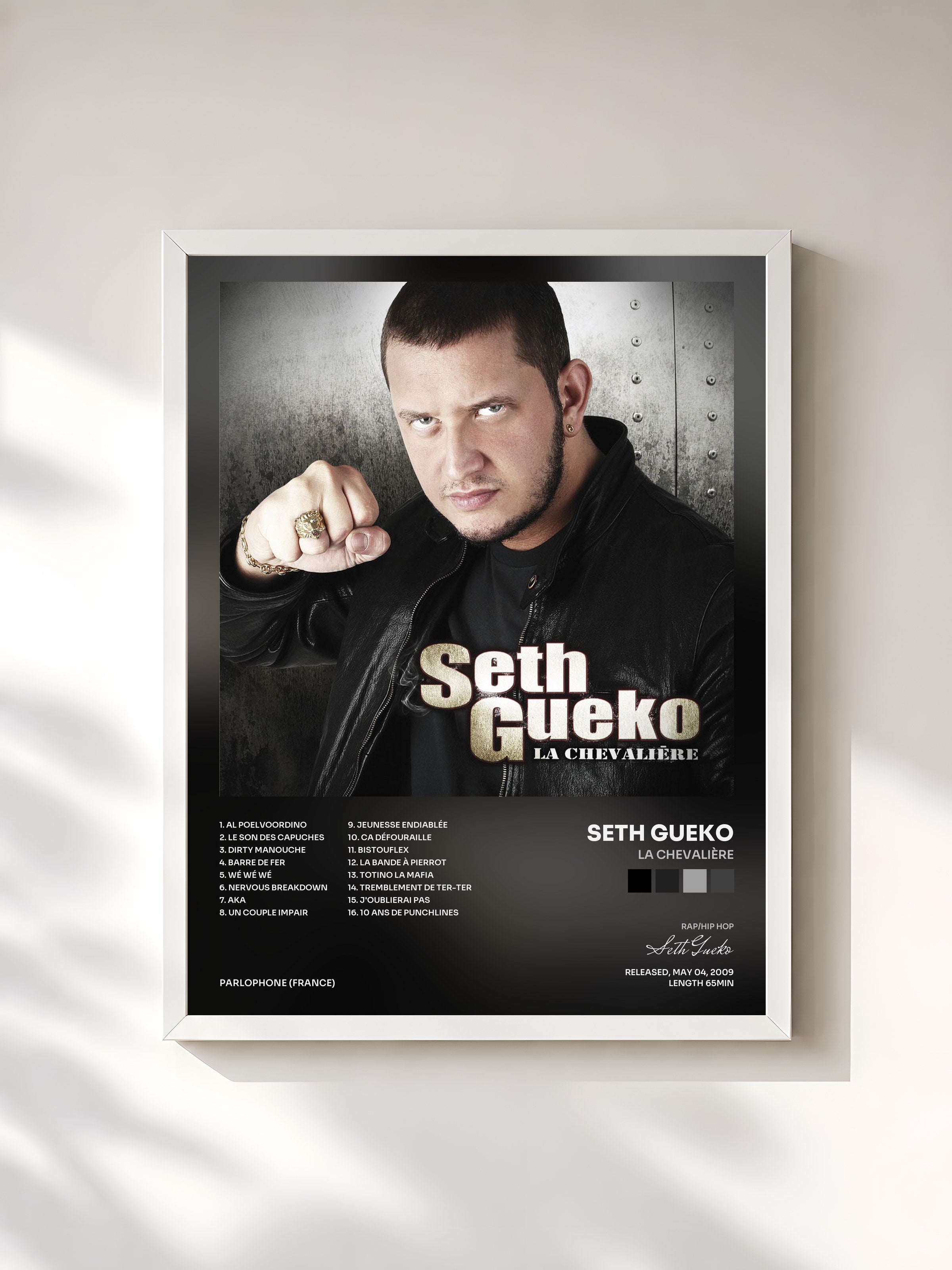 #blanc Tableau de l'album La Chevalière de Seth Gueko, cadre blanc, imprimé et encadré en France