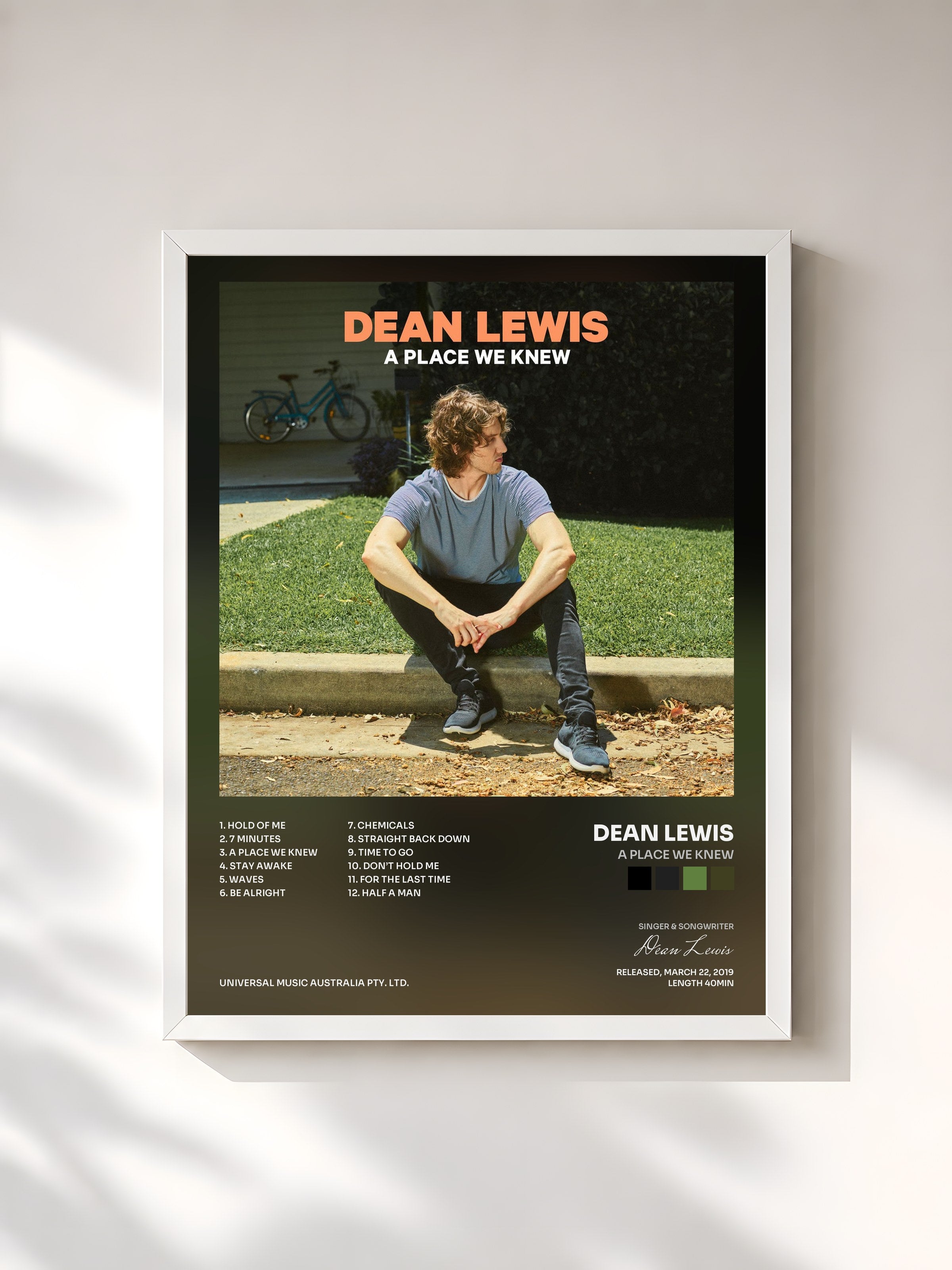 #blanc Tableau de l'album A Place We Knew de Dean Lewis, cadre blanc, imprimé et encadré en France