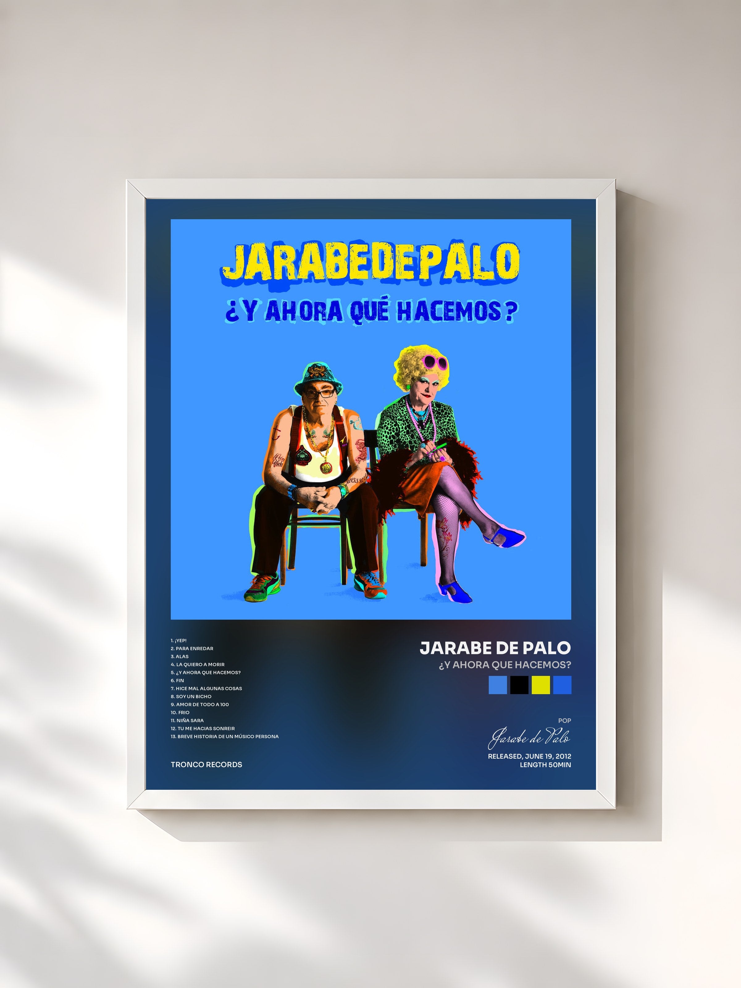 #blanc Tableau de l'album ¿Y Ahora Que Hacemos? de Jarabe de Palo, cadre blanc, imprimé et encadré en France