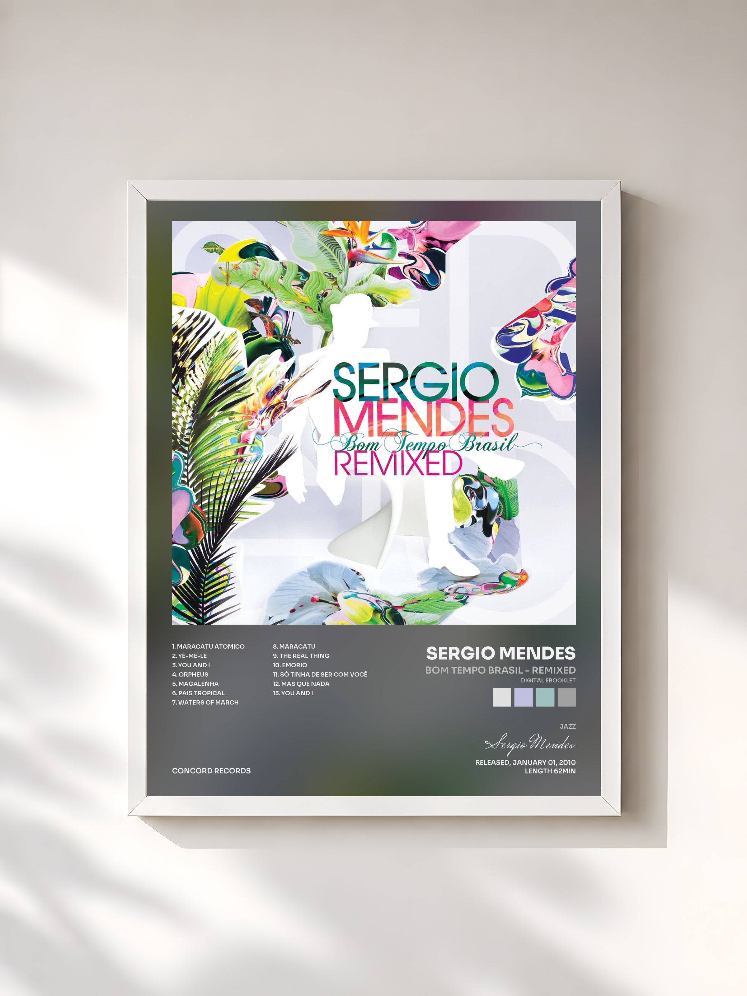 #blanc Tableau de l'album Bom Tempo Brasil - Remixed (Digital eBooklet) de Sergio Mendes, cadre blanc, imprimé et encadré en France