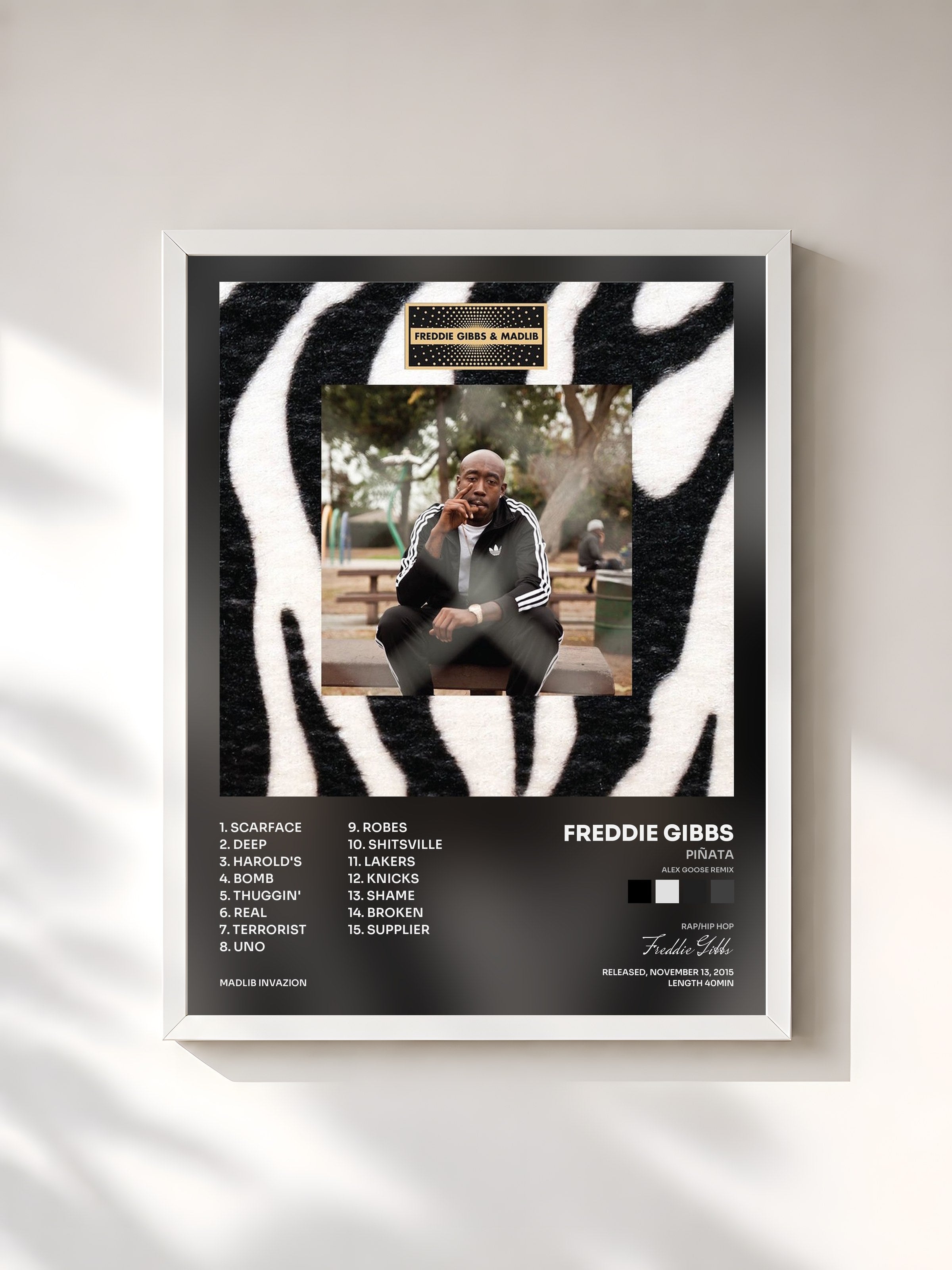 #blanc Tableau de l'album Piñata (Alex Goose Remix) de Freddie Gibbs, cadre blanc, imprimé et encadré en France