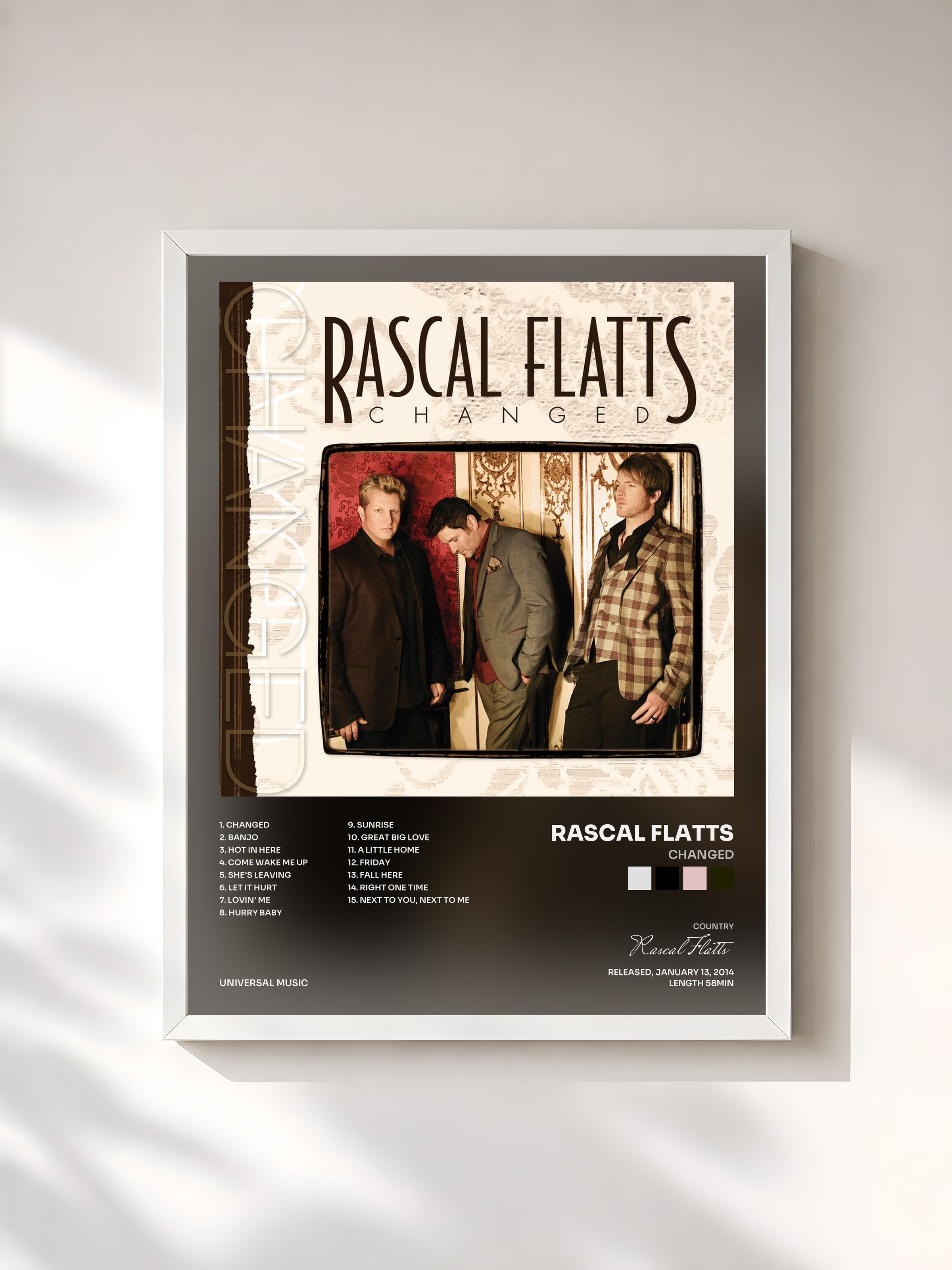 #blanc Tableau de l'album Changed de Rascal Flatts, cadre blanc, imprimé et encadré en France