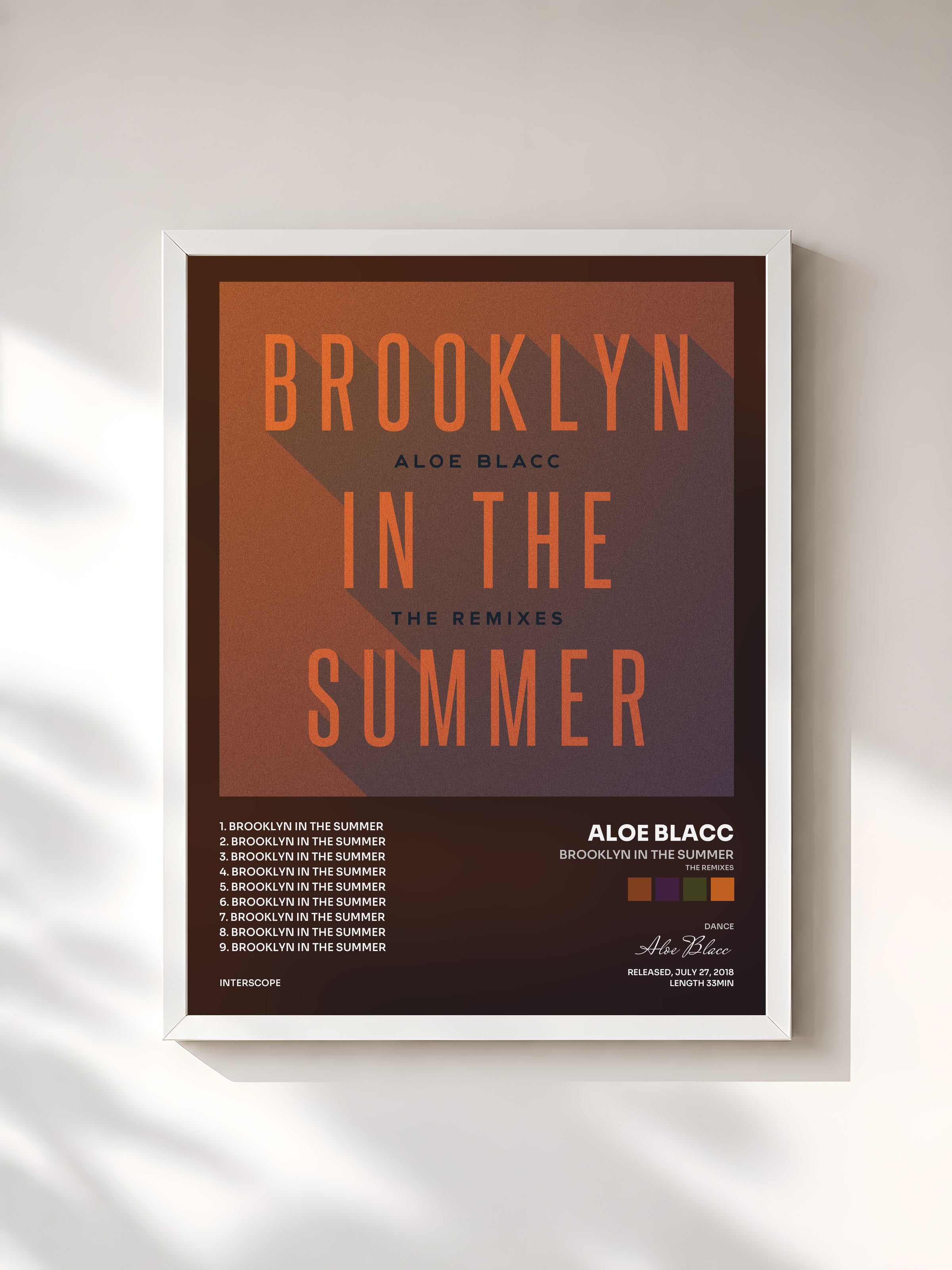#blanc Tableau de l'album Brooklyn In The Summer (The Remixes) de Aloe Blacc, cadre blanc, imprimé et encadré en France