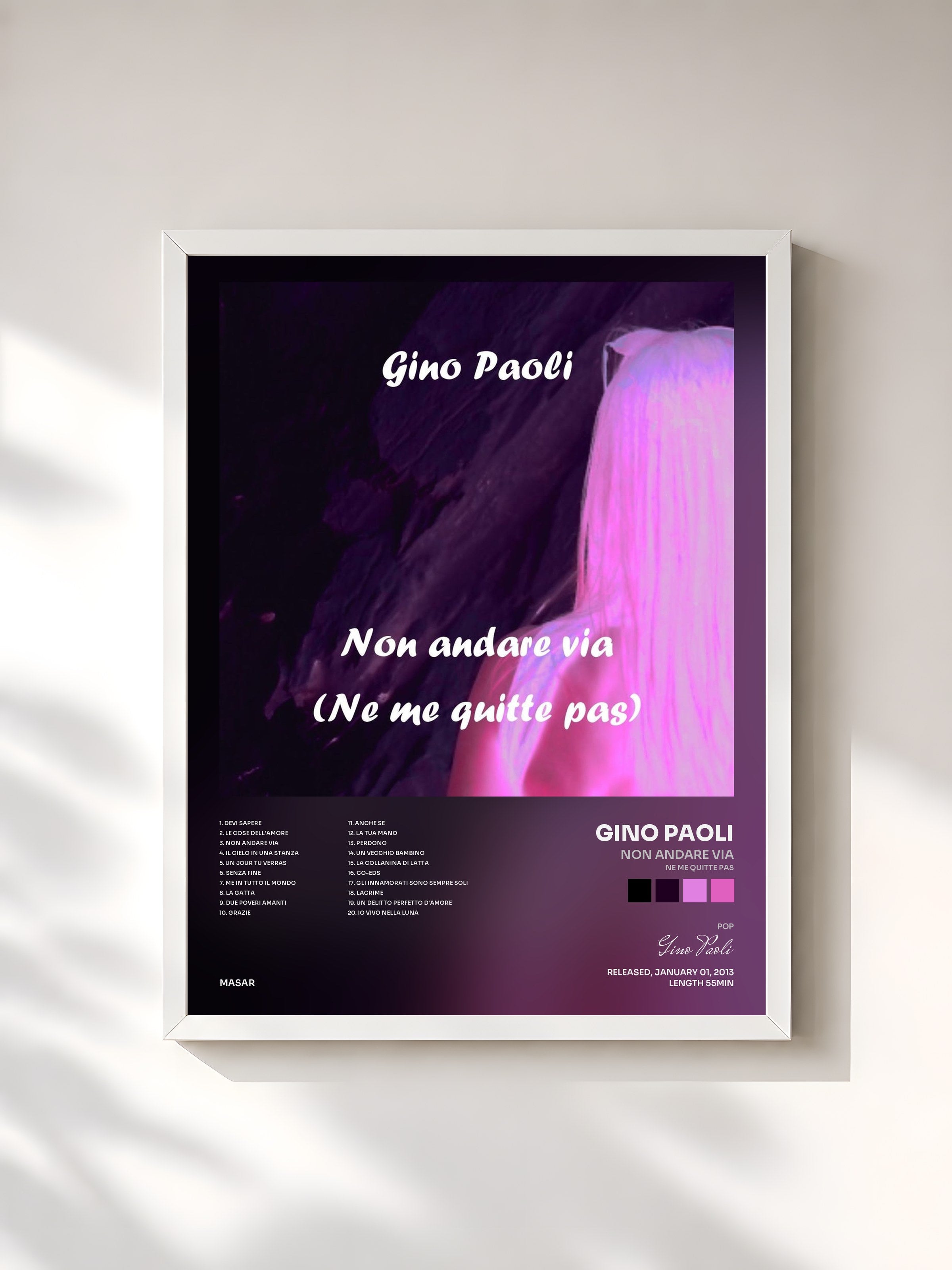 #blanc Tableau de l'album Non andare via (Ne me quitte pas) de Gino Paoli, cadre blanc, imprimé et encadré en France