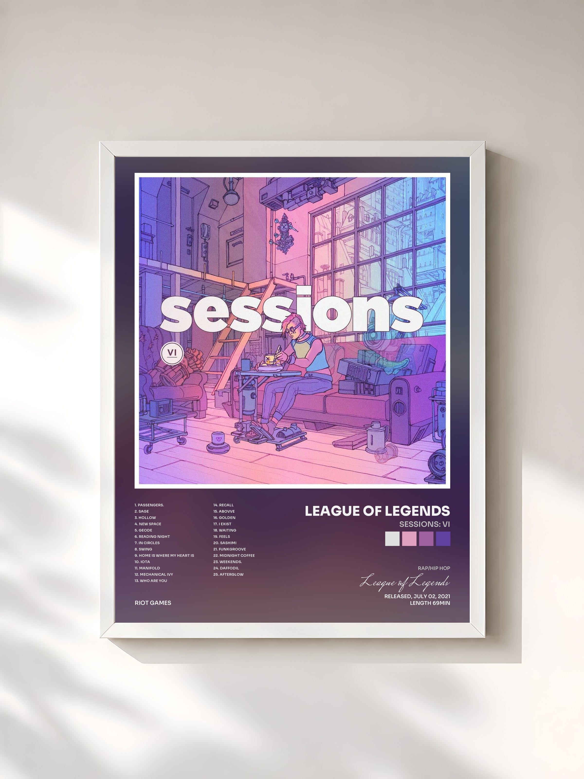 #blanc Tableau de l'album Sessions: Vi de League of Legends, cadre blanc, imprimé et encadré en France
