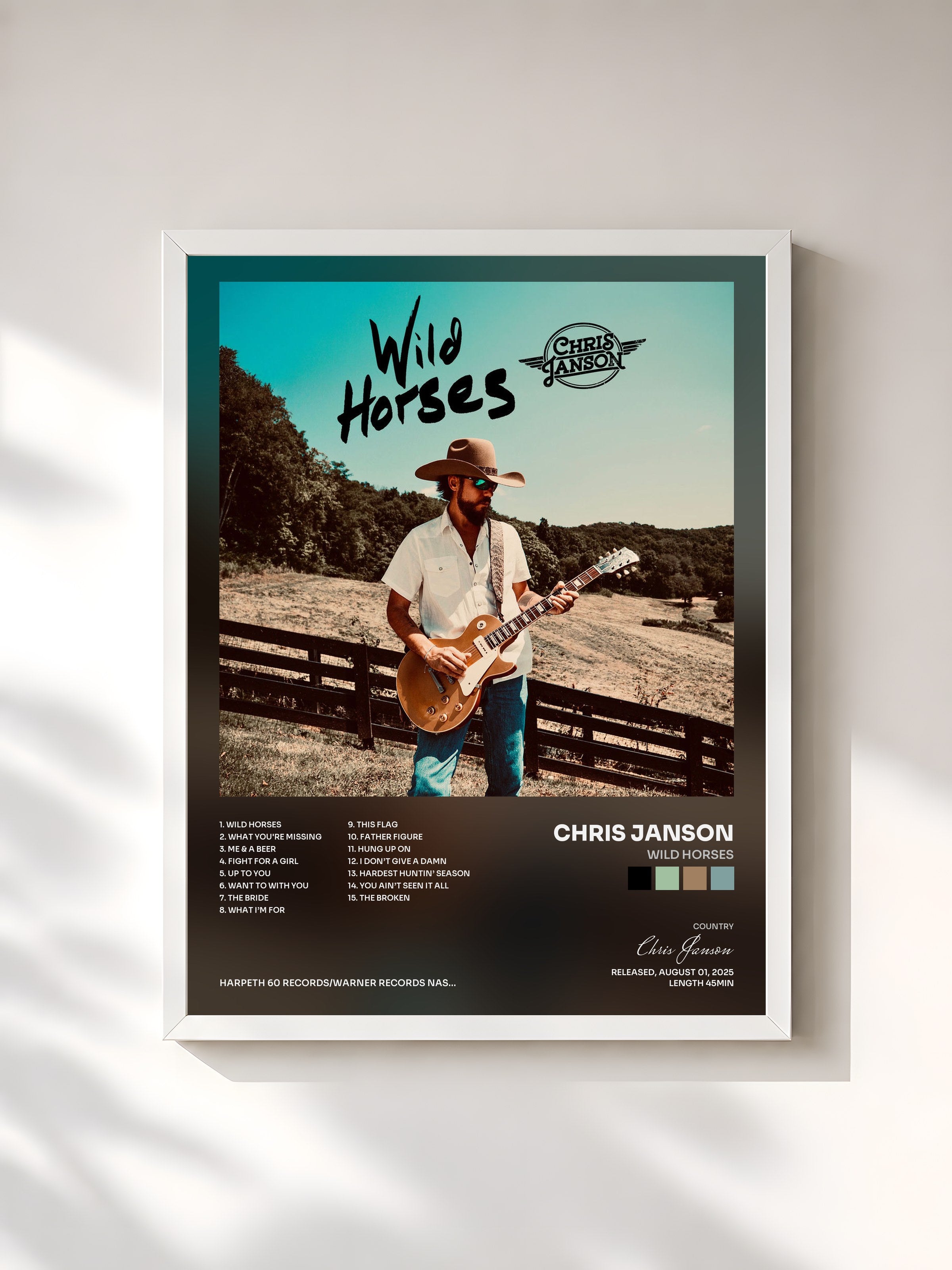 #blanc Tableau de l'album Wild Horses de Chris Janson, cadre blanc, imprimé et encadré en France