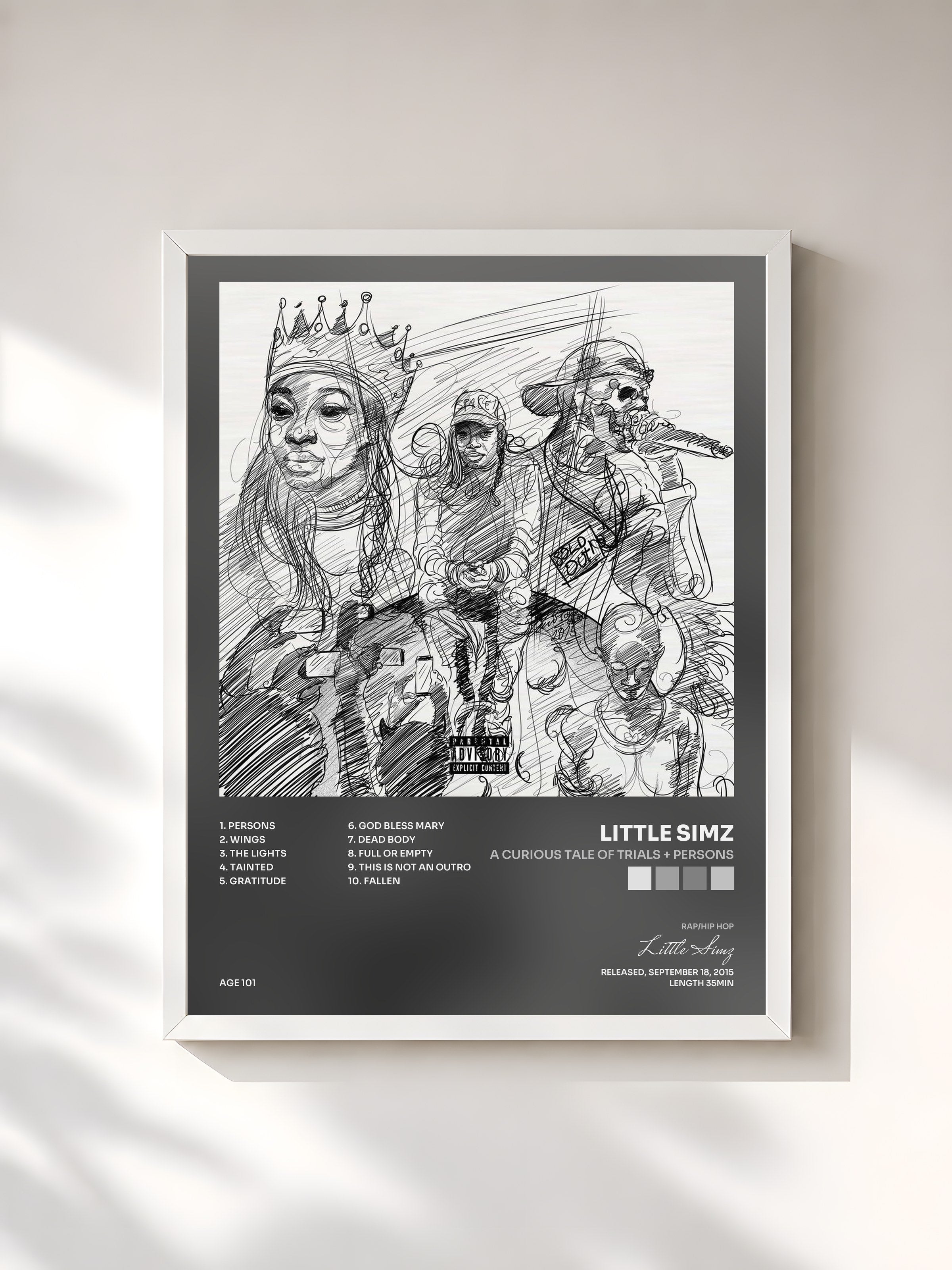 #blanc Tableau de l'album A Curious Tale of Trials + Persons de Little Simz, cadre blanc, imprimé et encadré en France