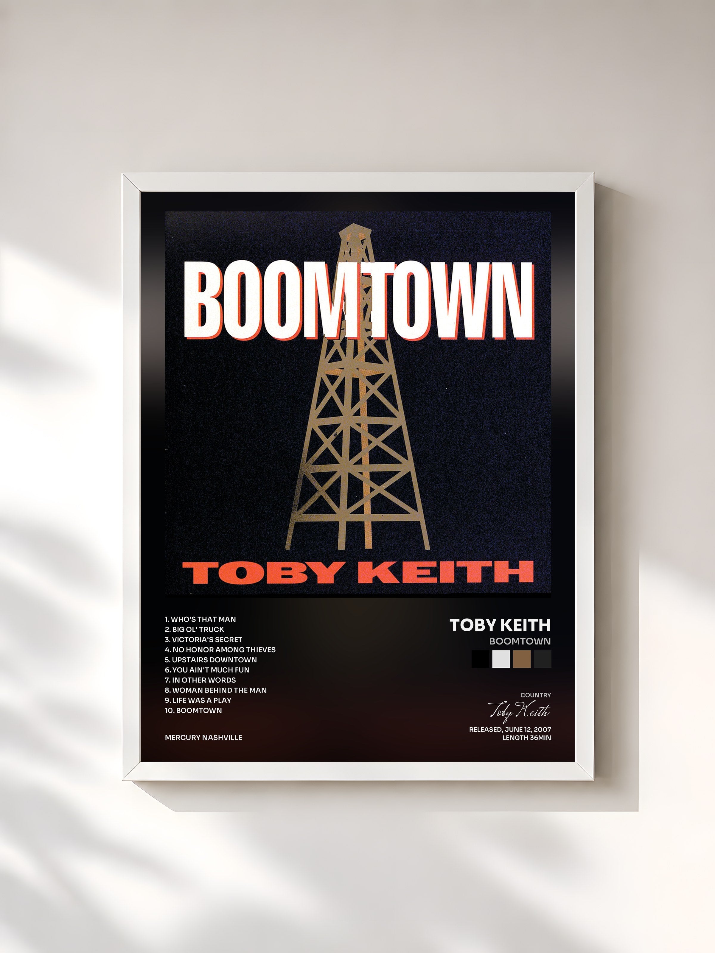 #blanc Tableau de l'album Boomtown de Toby Keith, cadre blanc, imprimé et encadré en France