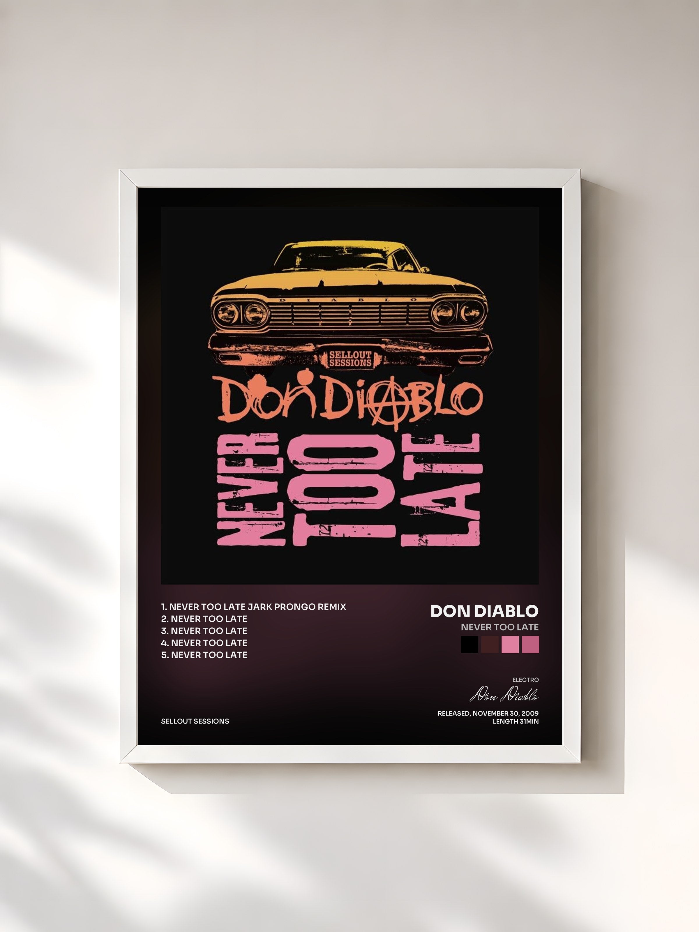 #blanc Tableau de l'album Never Too Late de Don Diablo, cadre blanc, imprimé et encadré en France