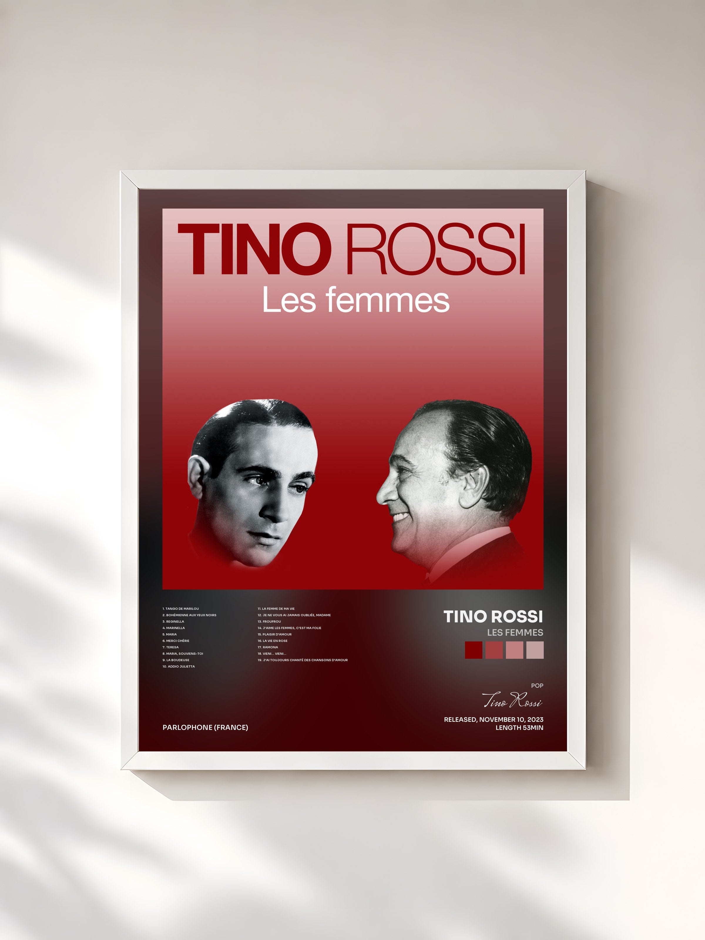 #blanc Tableau de l'album Les femmes de Tino Rossi, cadre blanc, imprimé et encadré en France