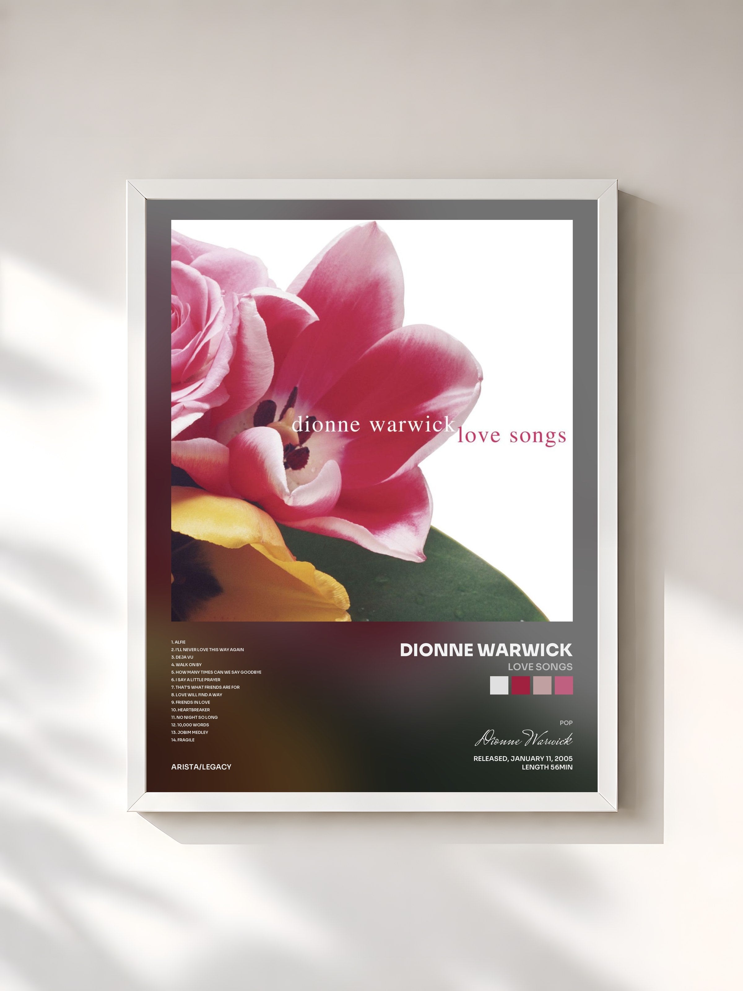 #blanc Tableau de l'album Love Songs de Dionne Warwick, cadre blanc, imprimé et encadré en France