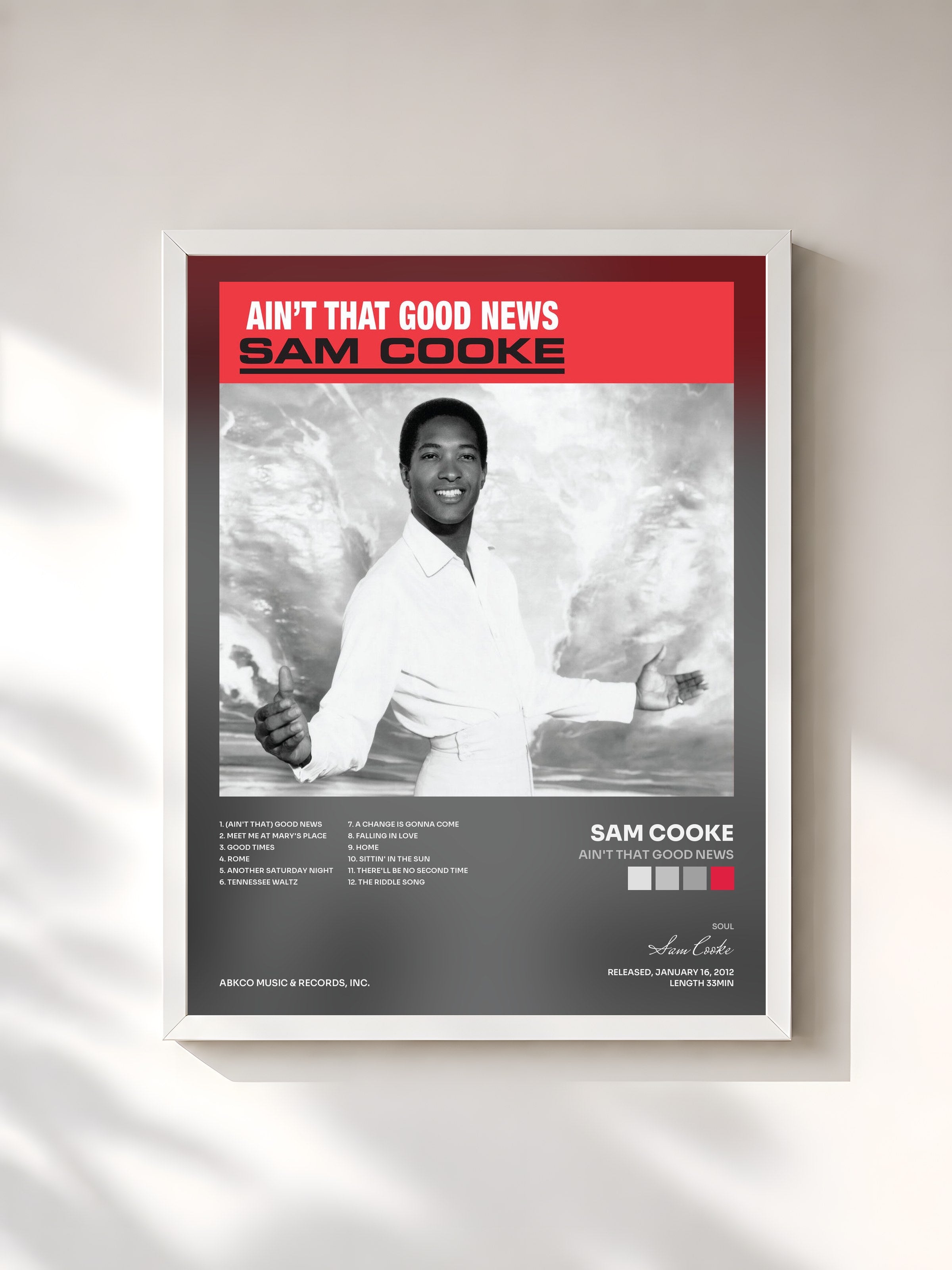 #blanc Tableau de l'album Ain't That Good News de Sam Cooke, cadre blanc, imprimé et encadré en France