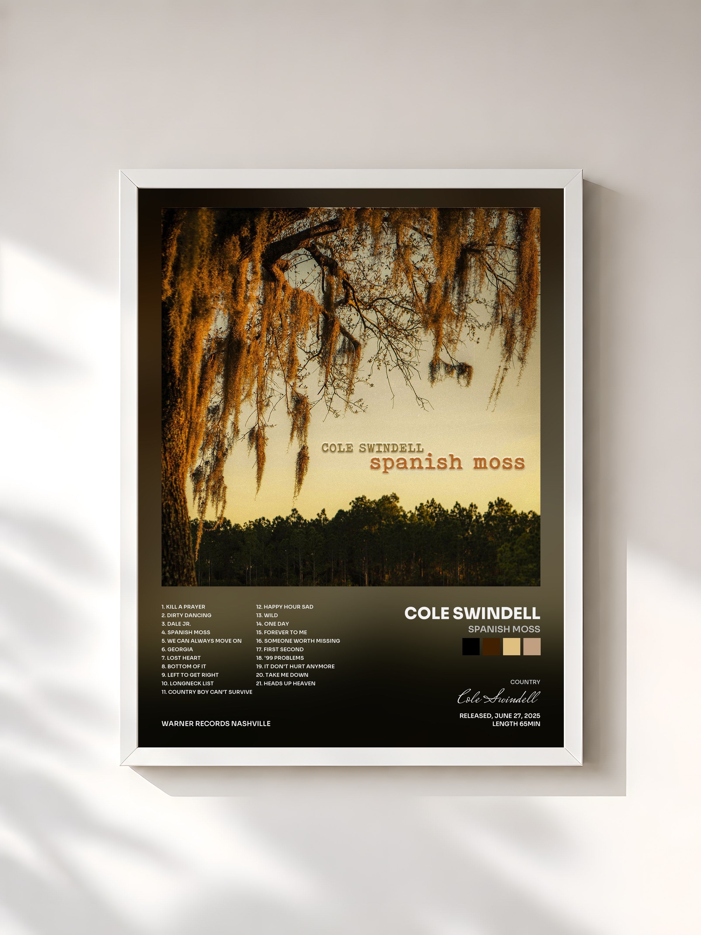 #blanc Tableau de l'album Spanish Moss de Cole Swindell, cadre blanc, imprimé et encadré en France