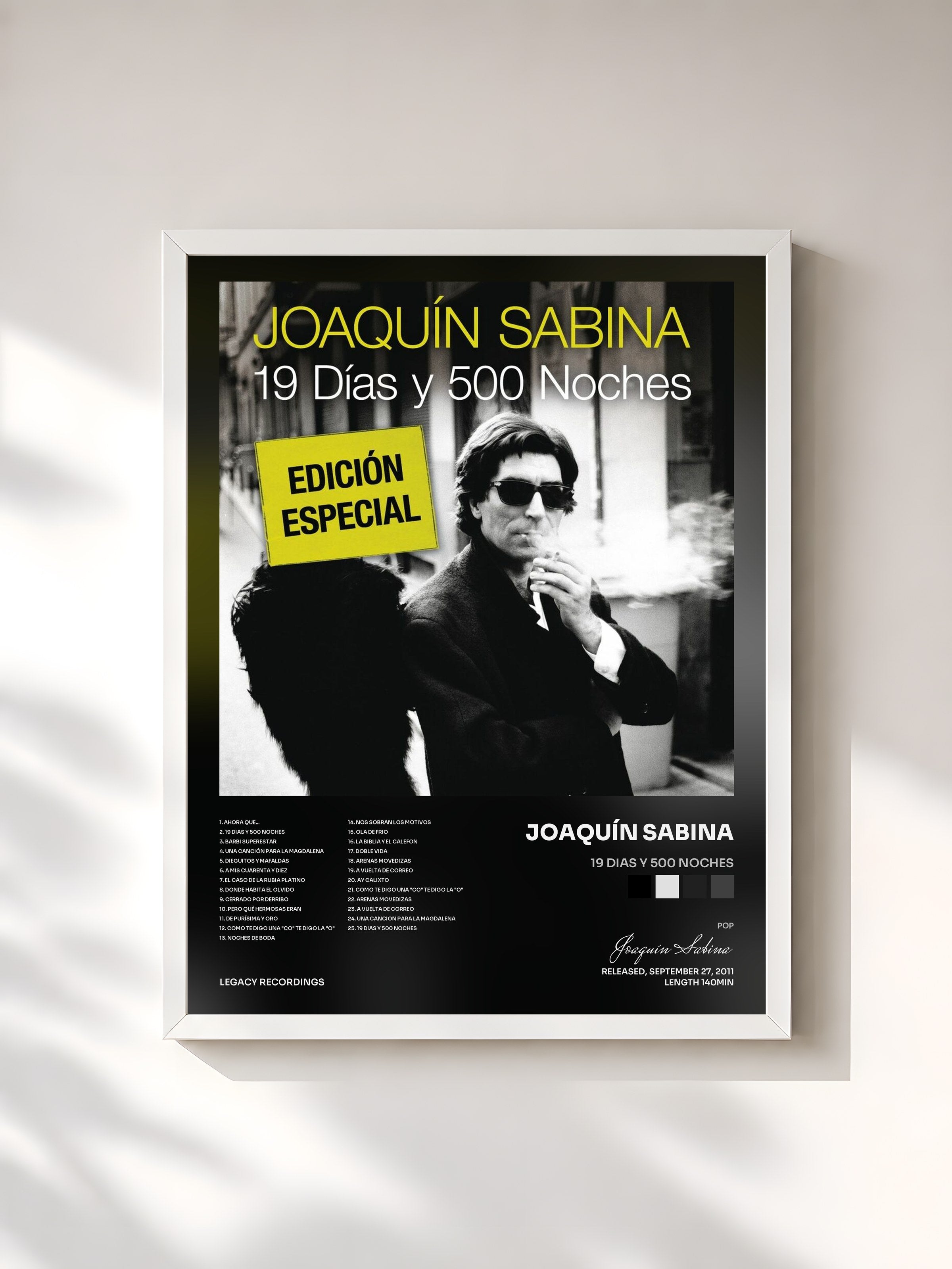 #blanc Tableau de l'album 19 Dias Y 500 Noches de Joaquín Sabina, cadre blanc, imprimé et encadré en France