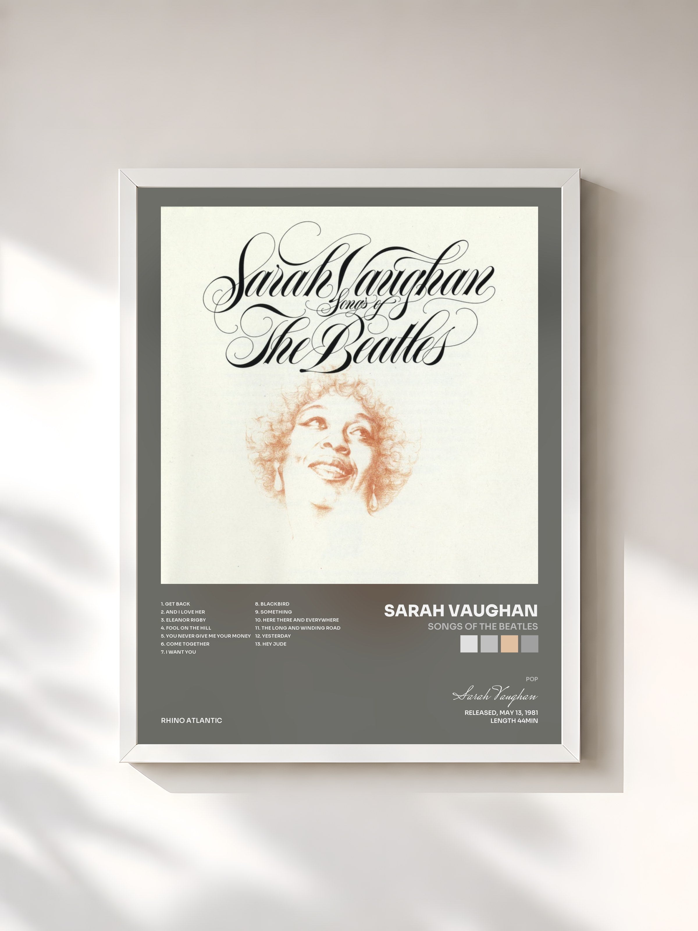 #blanc Tableau de l'album Songs Of The Beatles de Sarah Vaughan, cadre blanc, imprimé et encadré en France