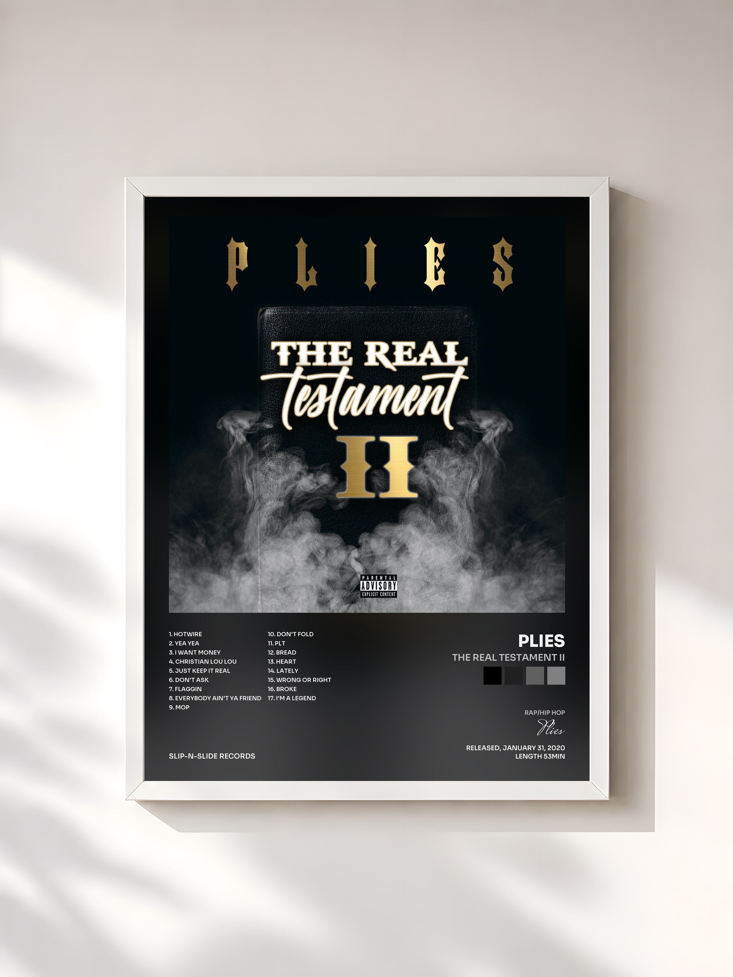 #blanc Tableau de l'album The Real Testament II de Plies, cadre blanc, imprimé et encadré en France
