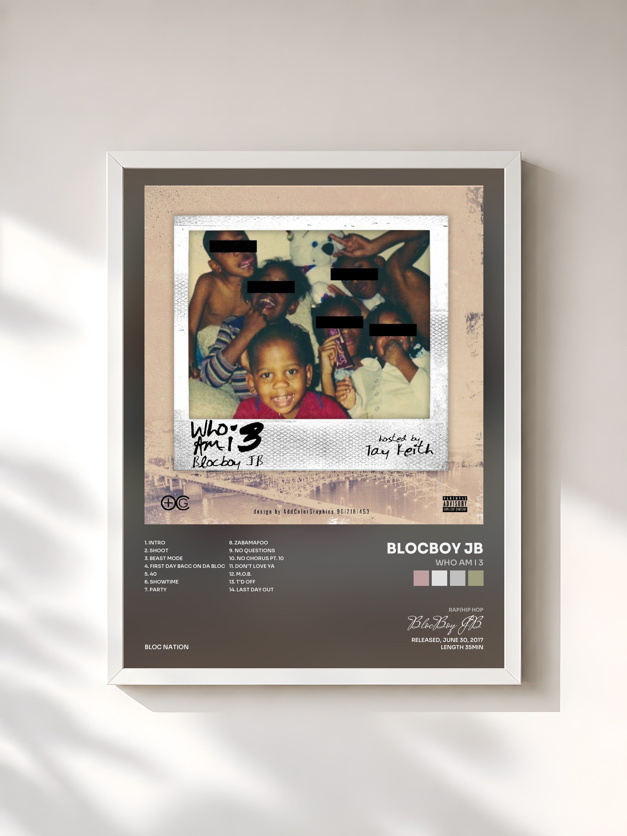 #blanc Tableau de l'album Who Am I 3 de BlocBoy JB, cadre blanc, imprimé et encadré en France