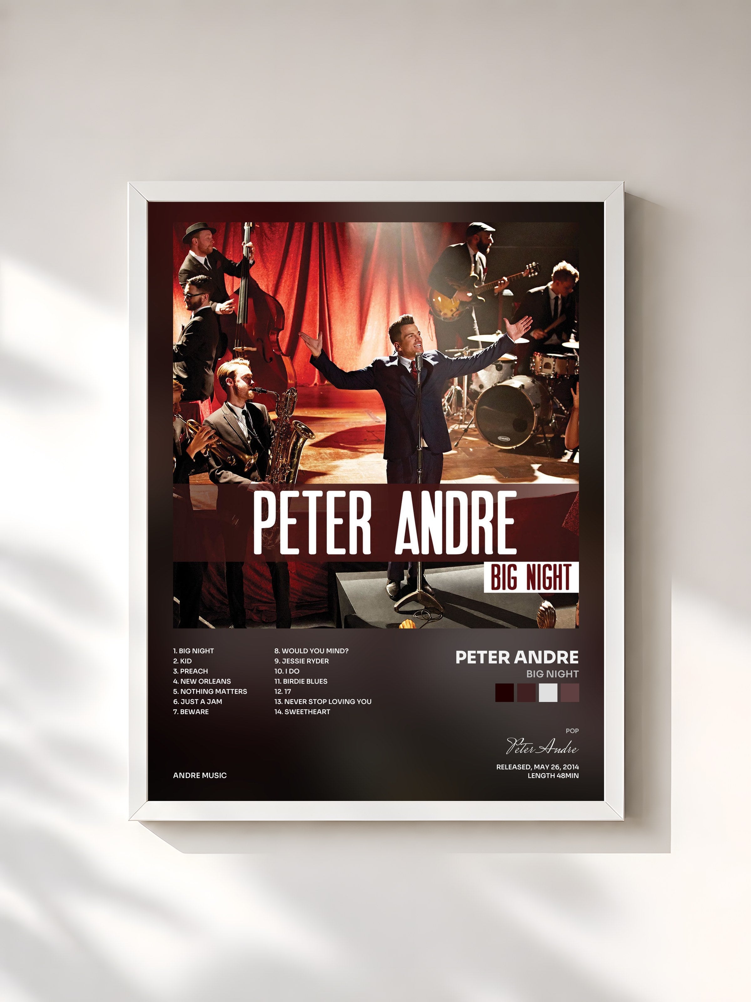 #blanc Tableau de l'album Big Night de Peter Andre, cadre blanc, imprimé et encadré en France