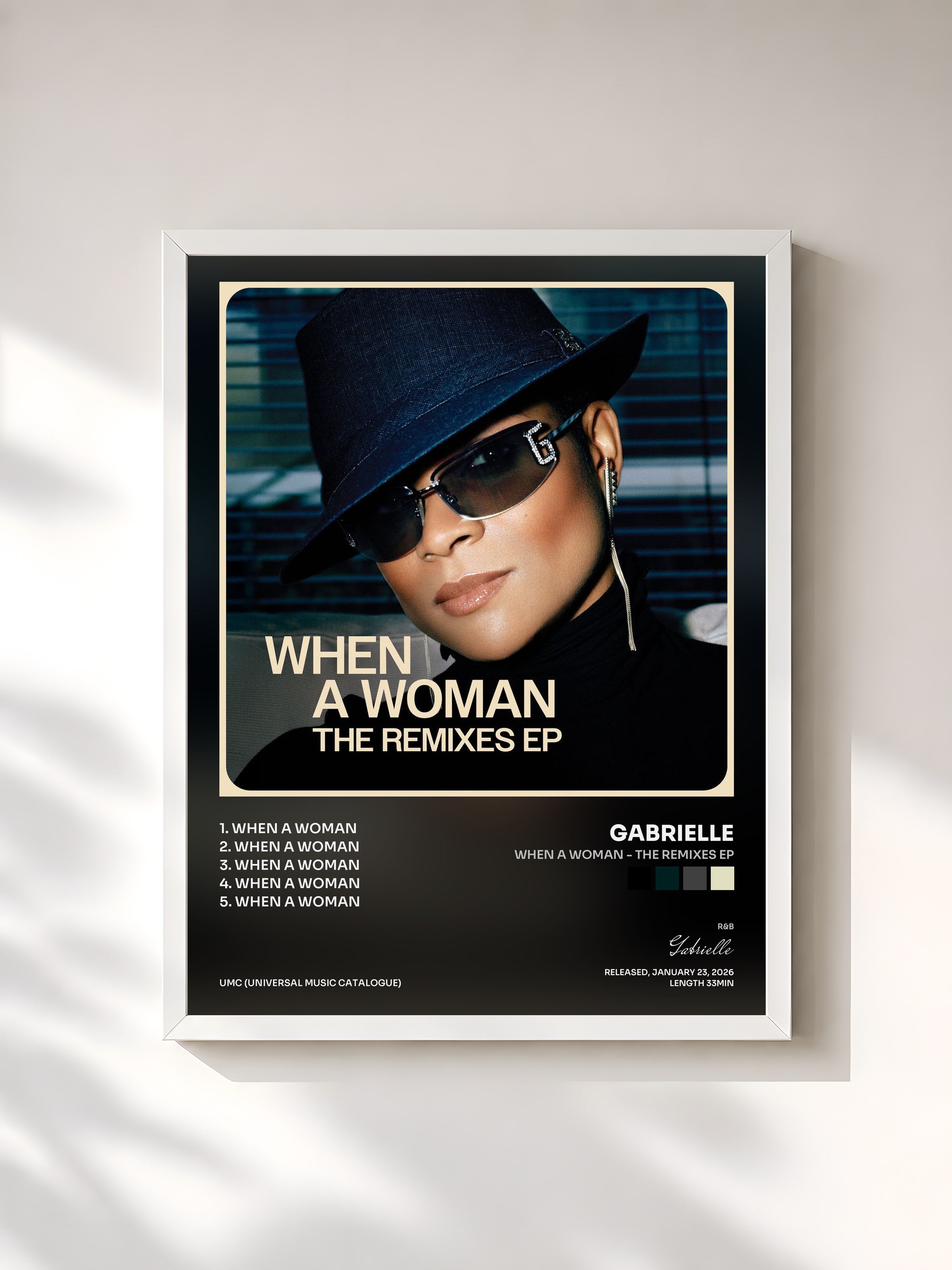 #blanc Tableau de l'album When A Woman - The Remixes EP de Gabrielle, cadre blanc, imprimé et encadré en France