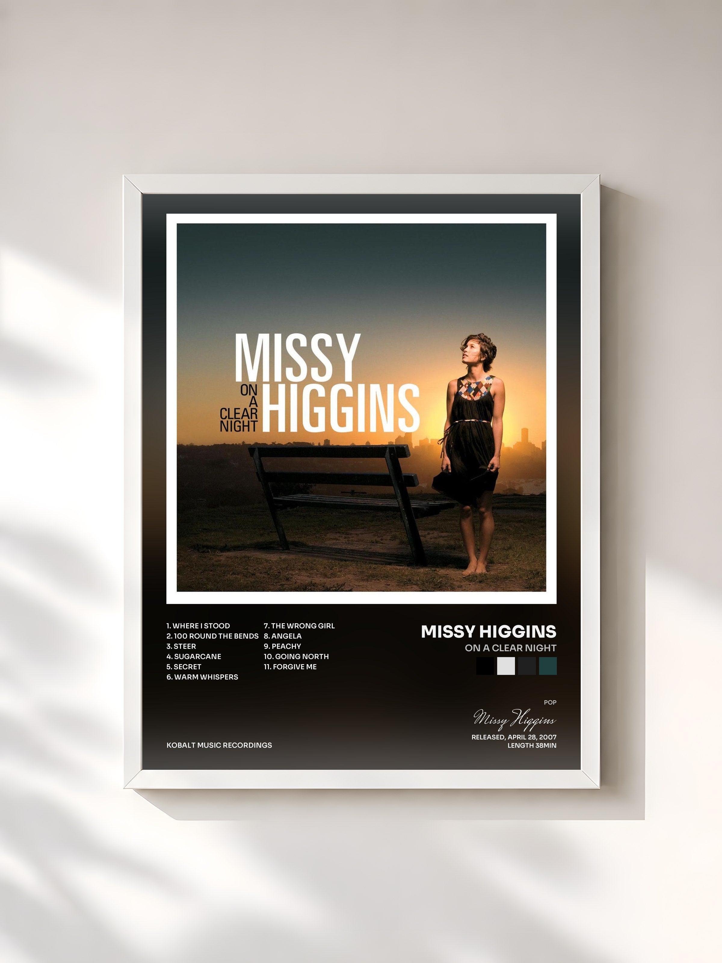 #blanc Tableau de l'album On a Clear Night de Missy Higgins, cadre blanc, imprimé et encadré en France