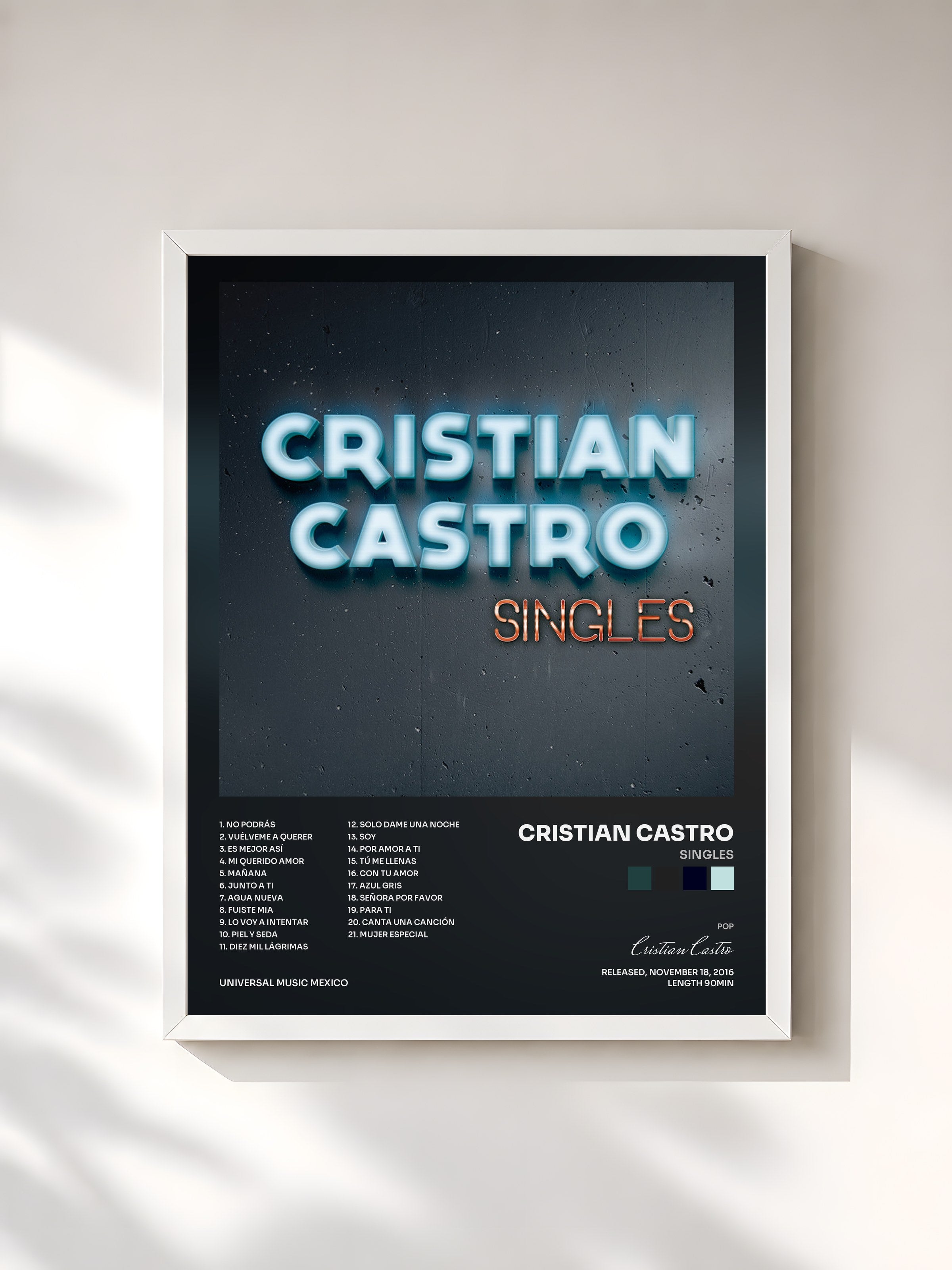 #blanc Tableau de l'album Singles de Cristian Castro, cadre blanc, imprimé et encadré en France