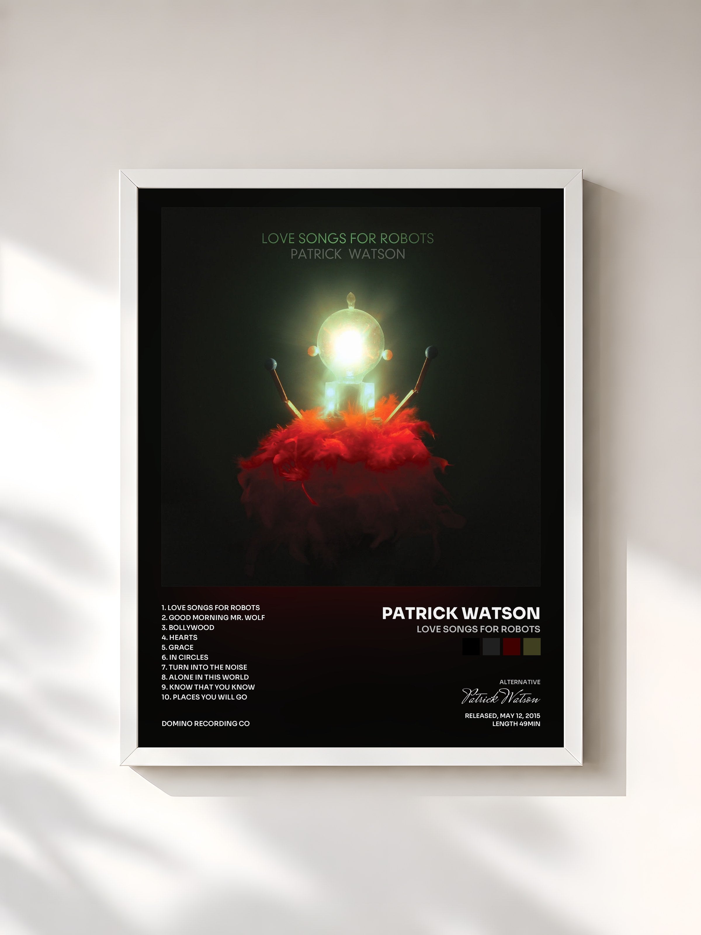 #blanc Tableau de l'album Love Songs For Robots de Patrick Watson, cadre blanc, imprimé et encadré en France