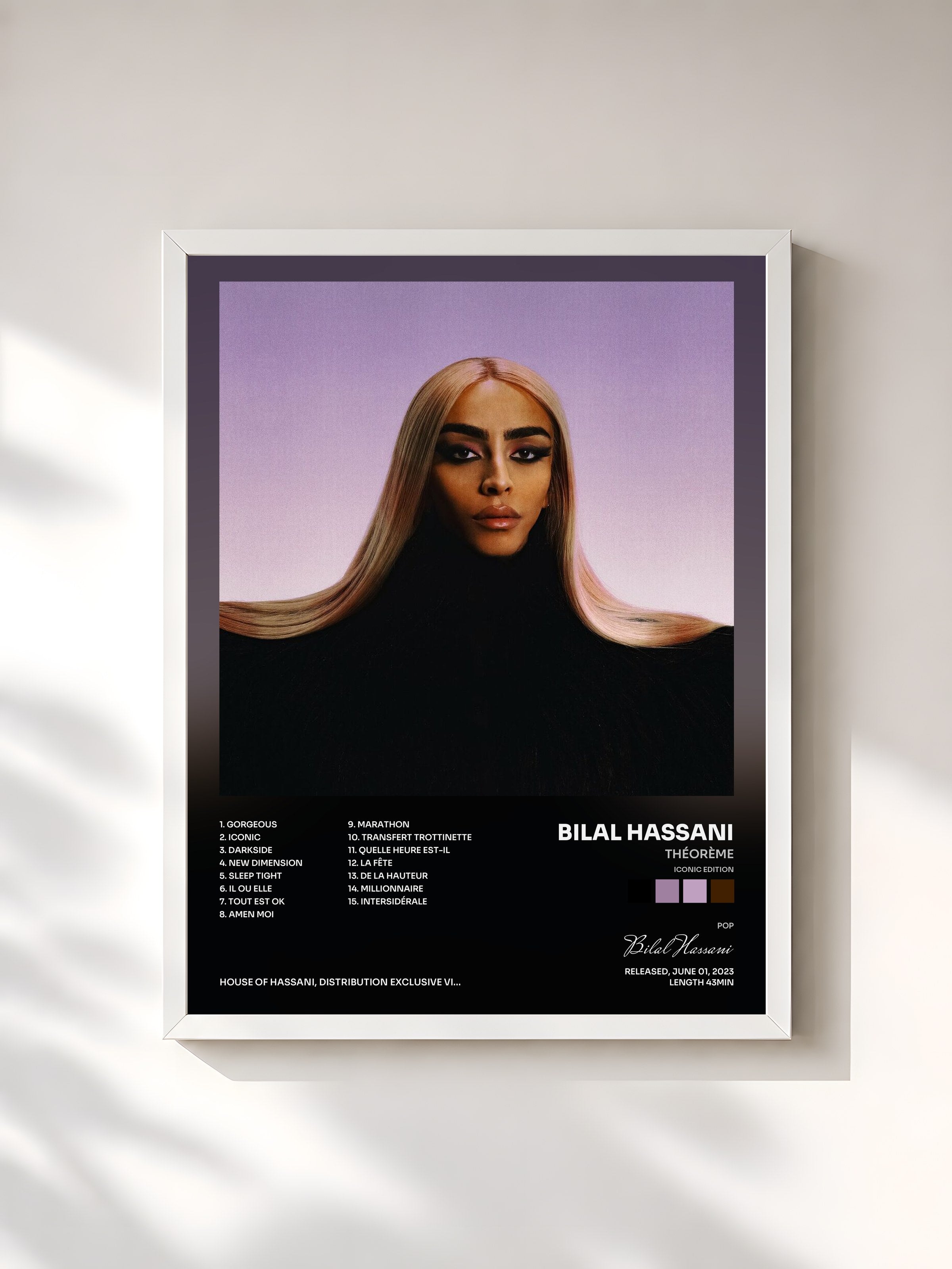 #blanc Tableau de l'album Théorème (Iconic Edition) de Bilal Hassani, cadre blanc, imprimé et encadré en France