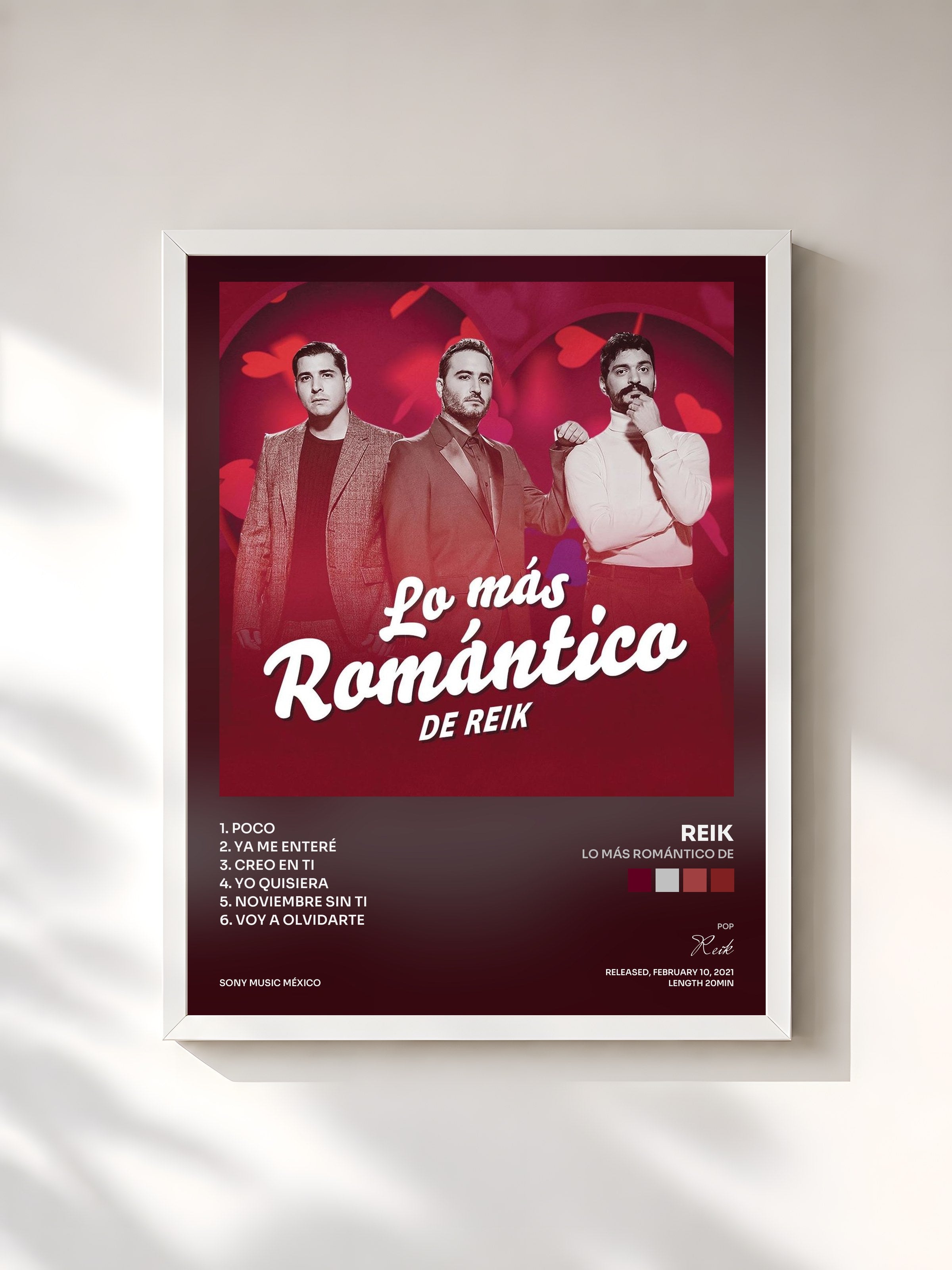 #blanc Tableau de l'album Lo Más Romántico de de Reik, cadre blanc, imprimé et encadré en France