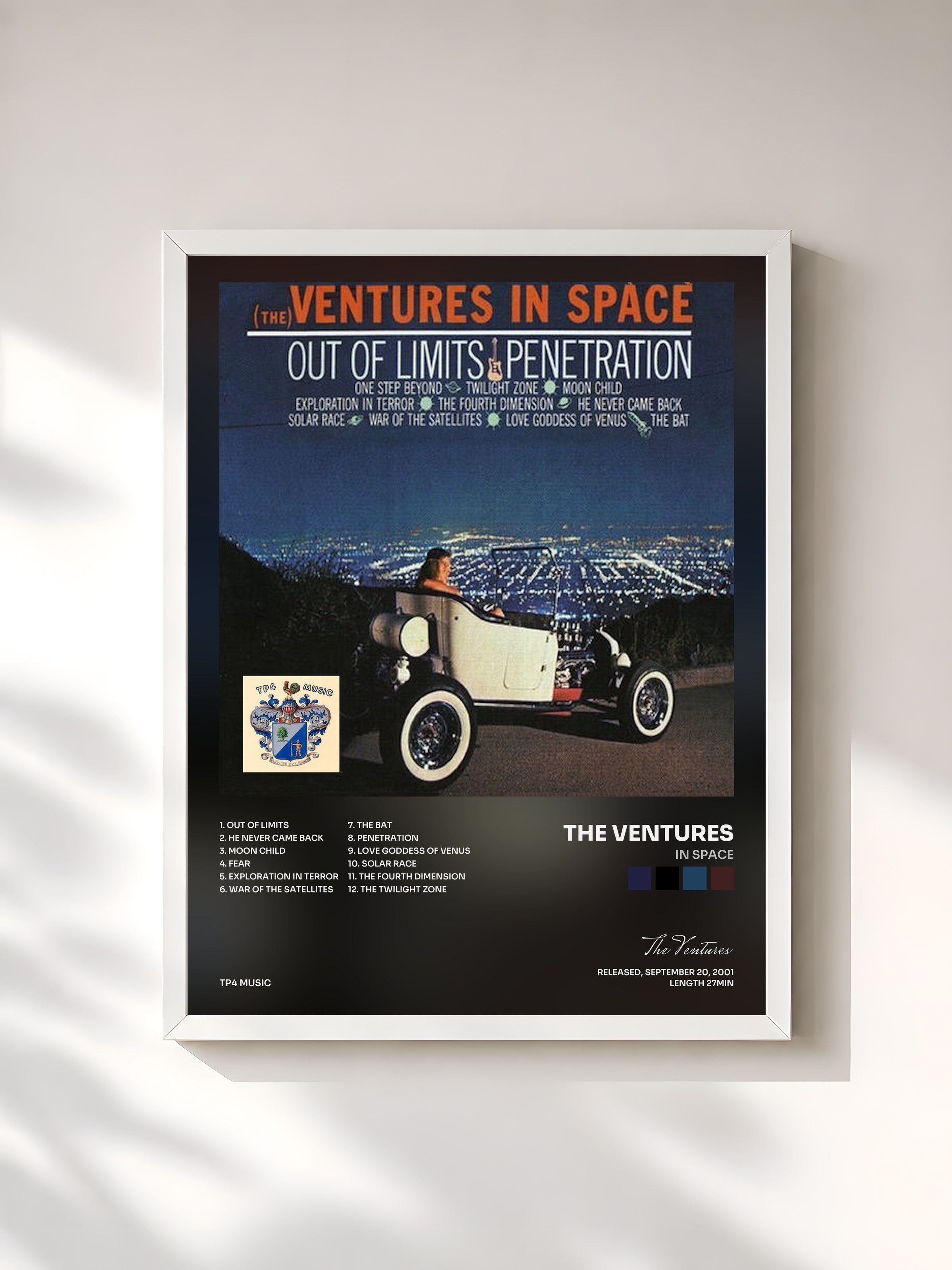#blanc Tableau de l'album In Space de The Ventures, cadre blanc, imprimé et encadré en France