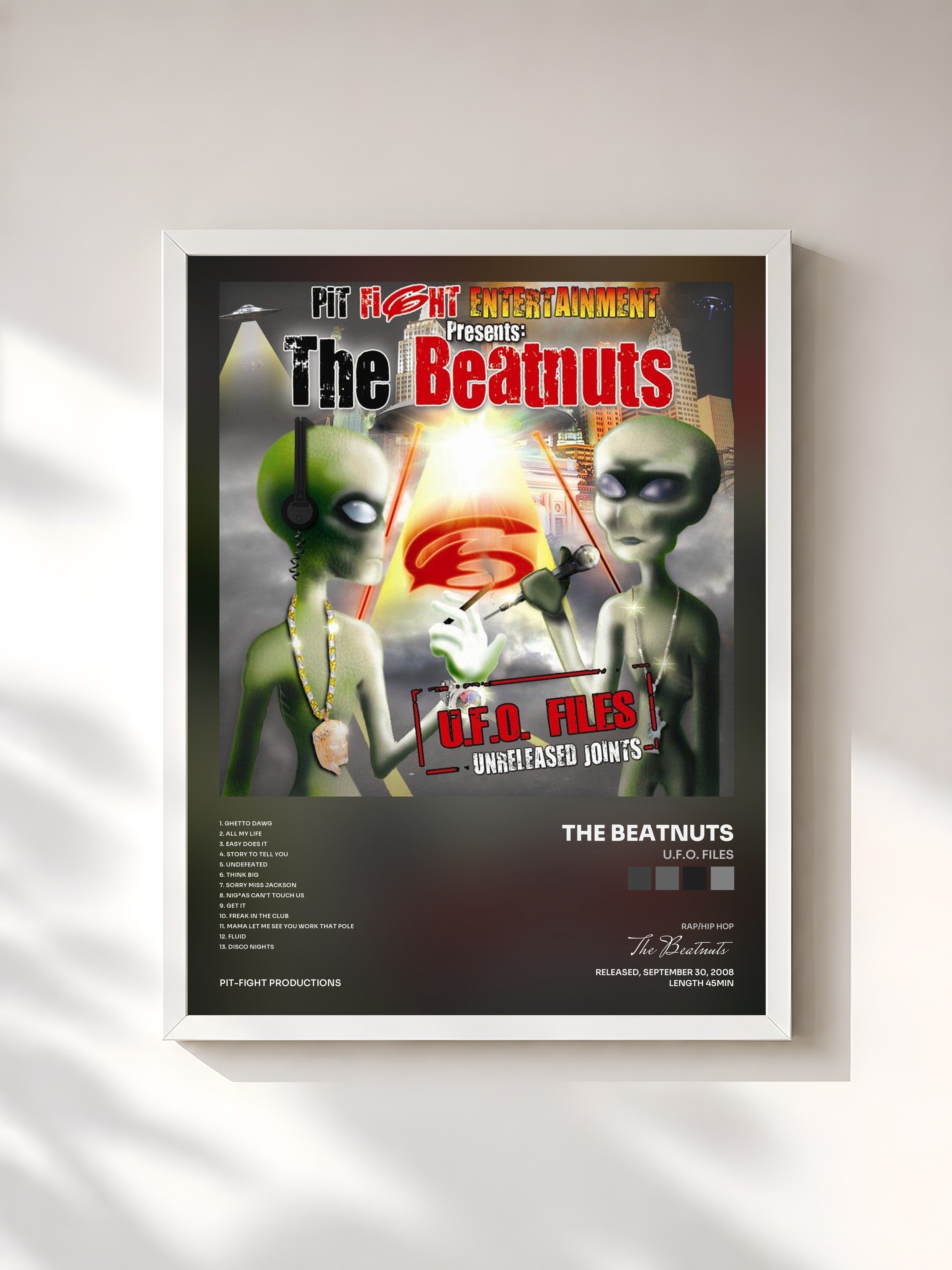 #blanc Tableau de l'album U.F.O. Files de The Beatnuts, cadre blanc, imprimé et encadré en France