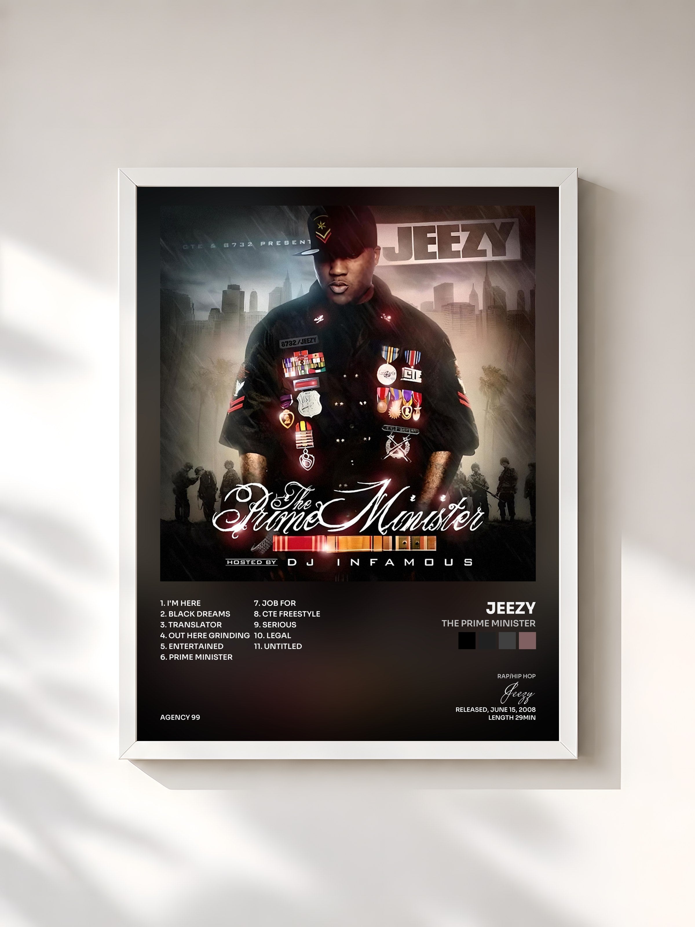 #blanc Tableau de l'album The Prime Minister de Jeezy, cadre blanc, imprimé et encadré en France