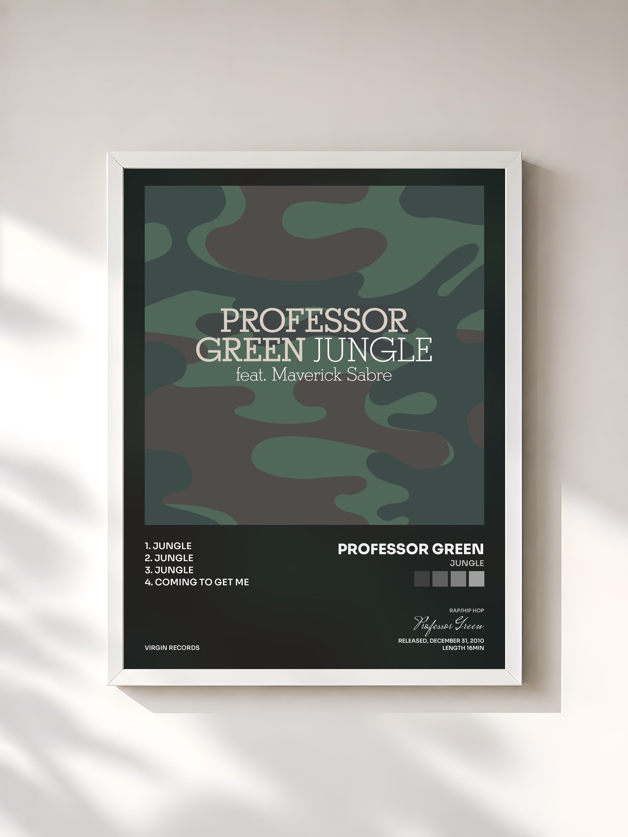 #blanc Tableau de l'album Jungle de Professor Green, cadre blanc, imprimé et encadré en France